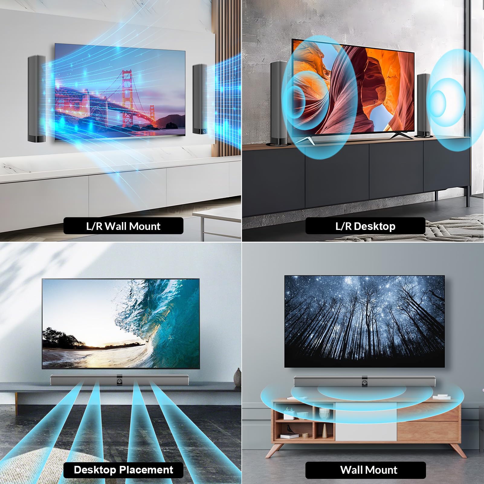 Assistrust Sound Bar for Smart TV, 80W Soundbar with Bluetooth/ARC/Opt/AUX Connect, Auto Volume Boost, 3 Equalizer Modes, 2 in 1 Detachable Soundbar for TV/PC/Gaming/Projectors