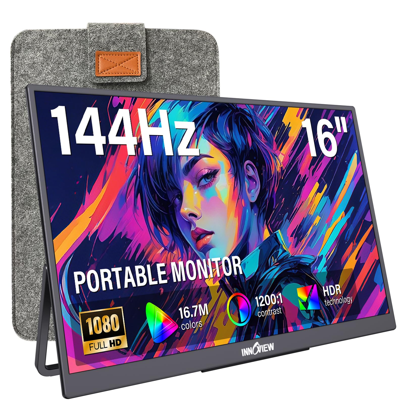 InnoView 16" Portable Monitor 144Hz Portable Gaming Monitor with Protective Sleeve, 1200P FHD External Monitor, Lightweight, Extra Second Screen for Laptop, PS5, Mac, Xbox (Not Includes Adapter)