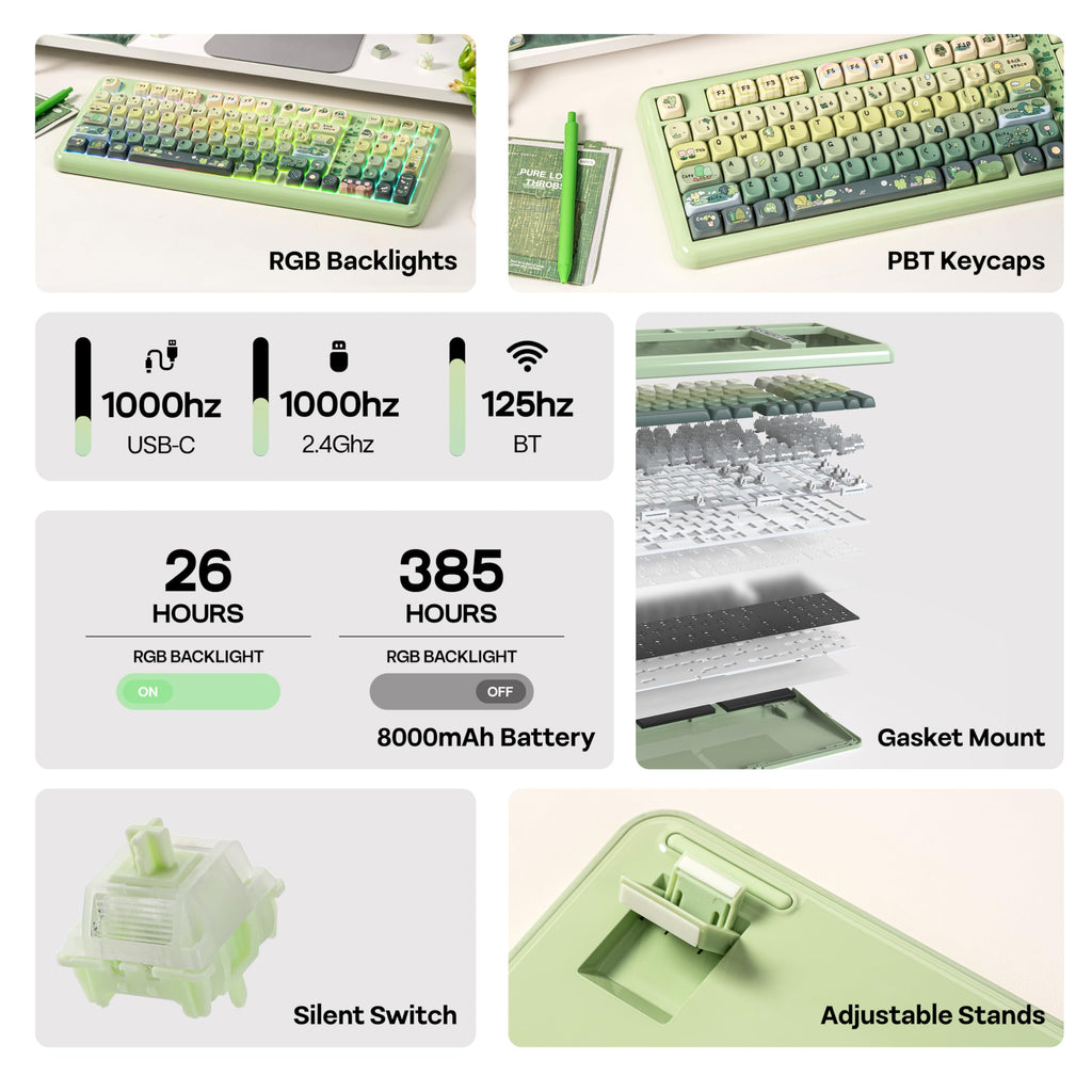KiiBoom Phantom98 Lite 96% Wireless Mechanical Gaming Keyboard, VIA Programmable, Creamy Keyboard with Gasket, 8000mAh Battery, Hot Swap, RGB Backlits, NKRO for Win/Mac (Green, Mossy Silent Switch)