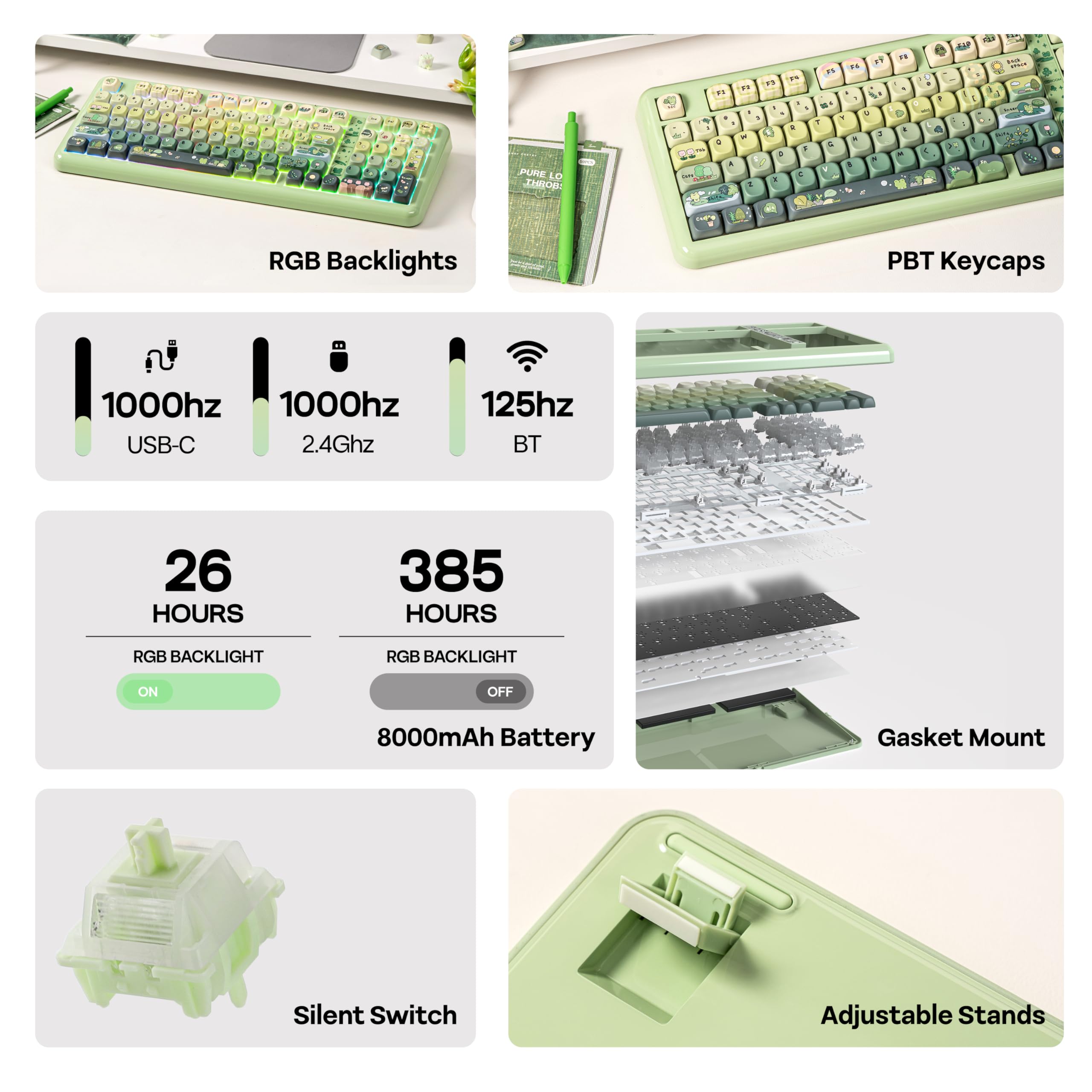 KiiBoom Phantom98 Lite 96% Wireless Mechanical Gaming Keyboard, VIA Programmable, Creamy Keyboard with Gasket, 8000mAh Battery, Hot Swap, RGB Backlits, NKRO for Win/Mac (Green, Mossy Silent Switch)