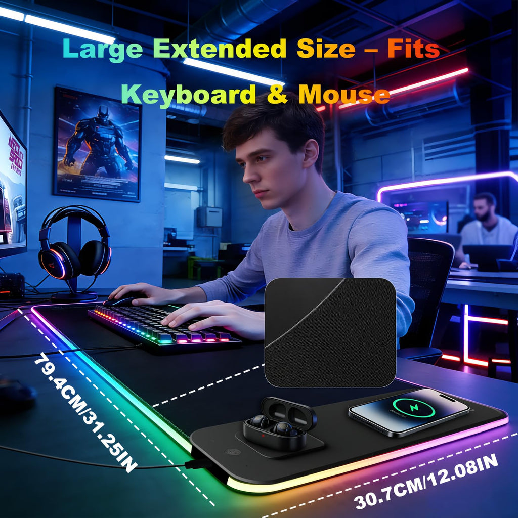 Коврик для мыши obvade XXL RGB, черный, для гейминга, большой коврик для стола, подставки под мышь для стола с быстрой беспроводной зарядкой 15 Вт и держателем для телефона, 11 режимов светодиодной подсветки, водонепроницаемый коврик, нескользящая основа