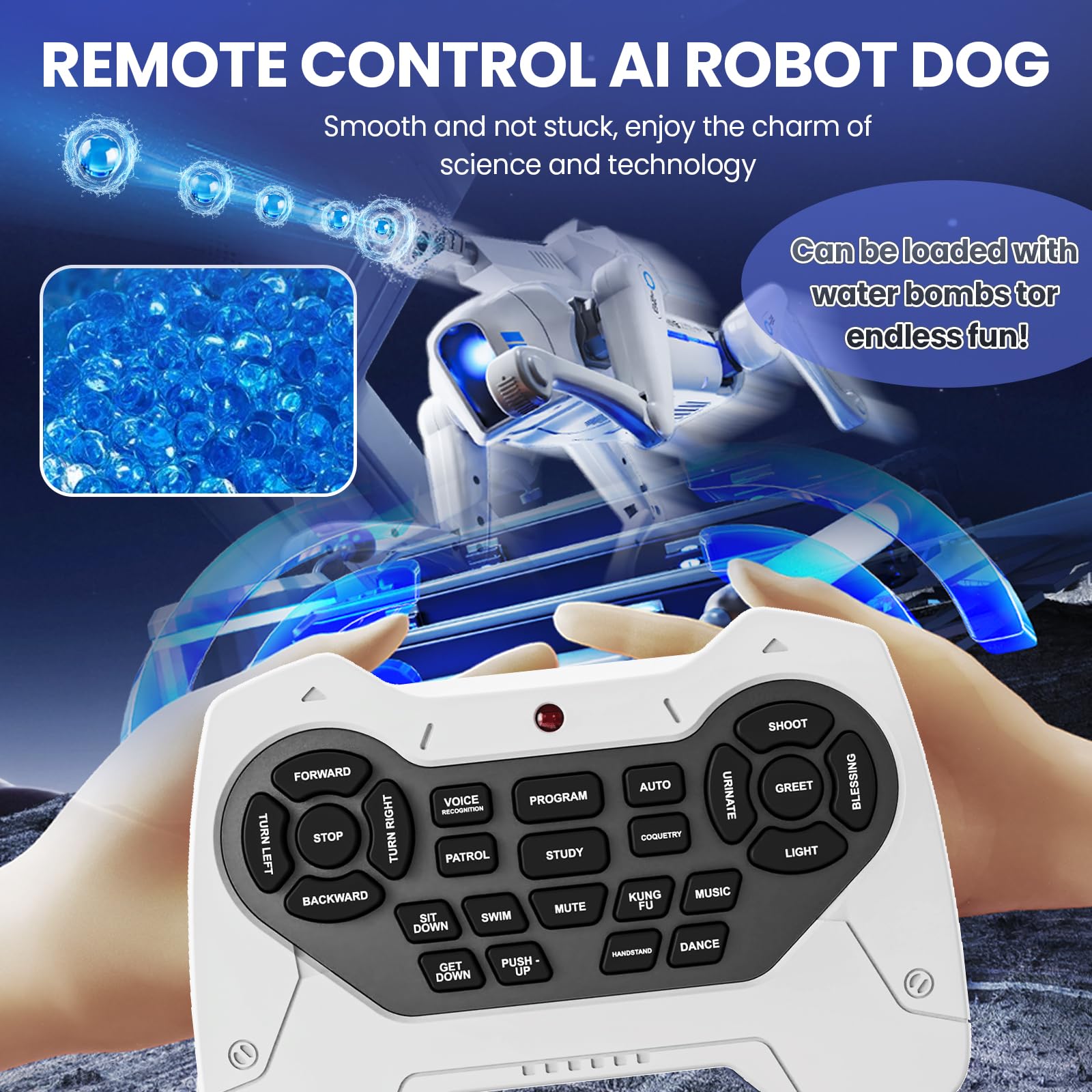 Smart Robot Dog Toy with Blaster — 30+ Actions, Bionic Walking, Voice & Remote Control, App Programming, 900mAh, STEM Gift for Kids Ages 6+, White