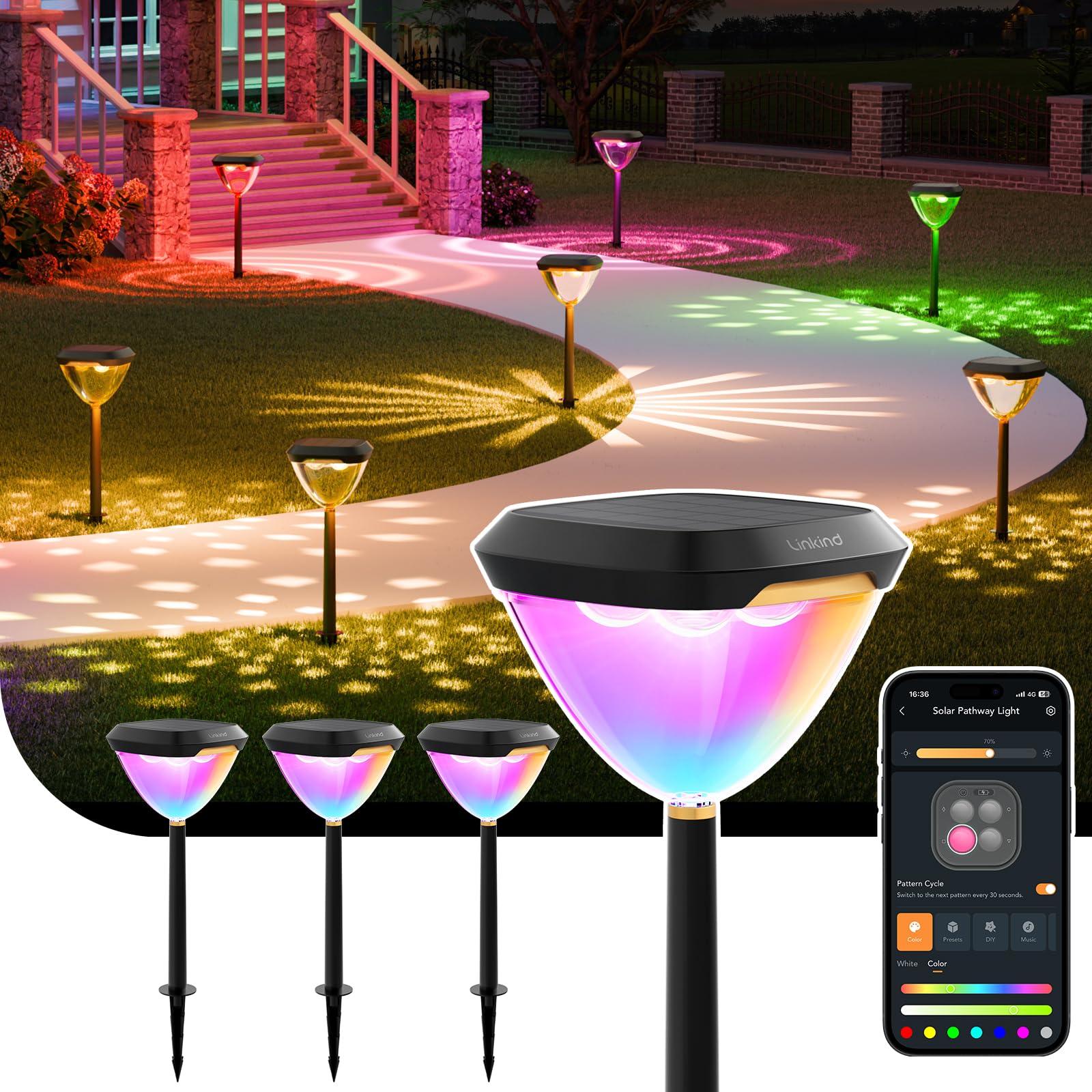 Linkind Smart Solar Pathway Lights SP6, in-App Pattern Switching Solar Lights Outdoor, USB&Solar Charging, Cool/Warm White/Color-Changing Landscape Lighting for Yard, Patio, 4 Pack