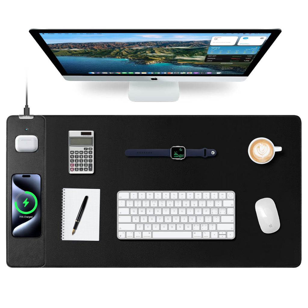 Коврик для мыши с беспроводной зарядкой, игровой коврик для мыши с ультрагладкой поверхностью, большой коврик для стола XXL, нескользящий коврик для мыши, водонепроницаемый коврик для компьютерной клавиатуры для игр, стола, офиса, ПК, 800x400x4 мм, черный