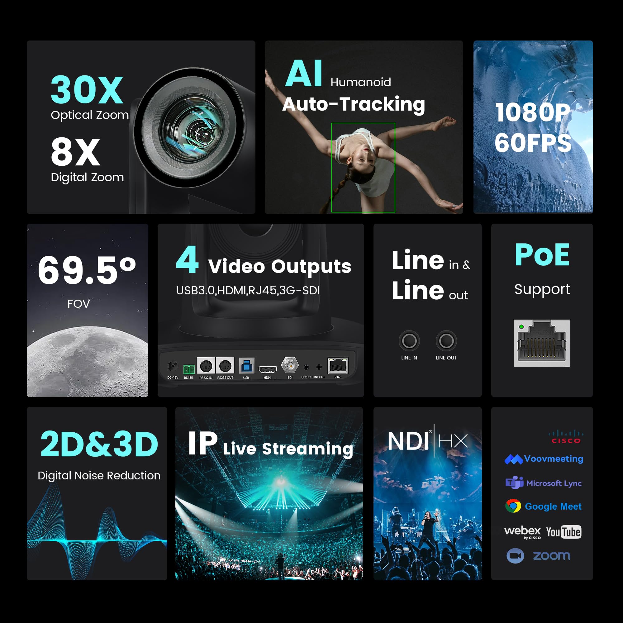 NDI PTZ-камера с ИИ-автослежением и 30-кратным оптическим зумом