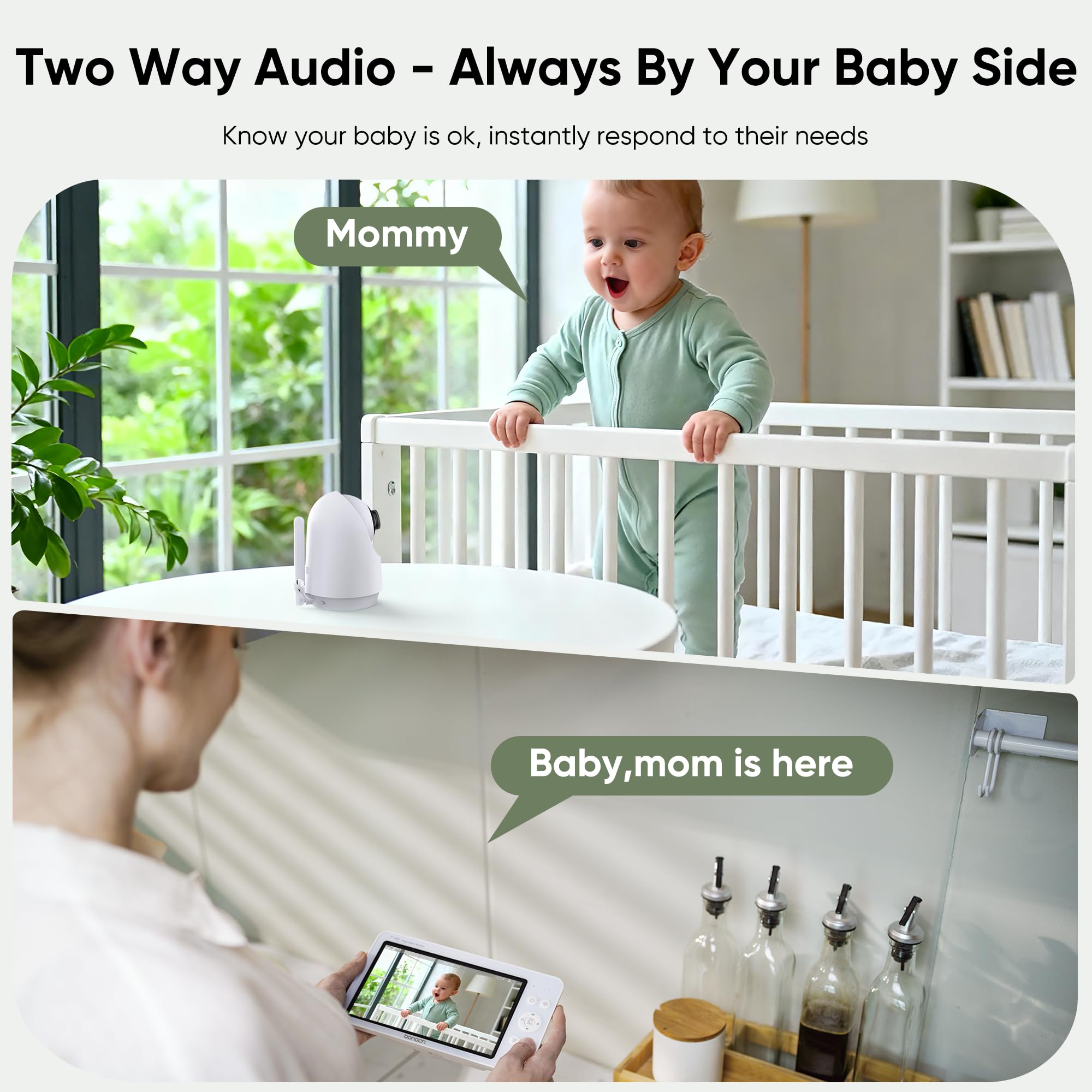 bonoch 7" Baby Monitor No WiFi, Upgraded 1080P HD MegaView Video Monitor with Camera and Audio, 6000mAh Battery, VOX Mode, Night Vision, Hack Proof, Remote PTZ, White Noise, Gifts for Parents