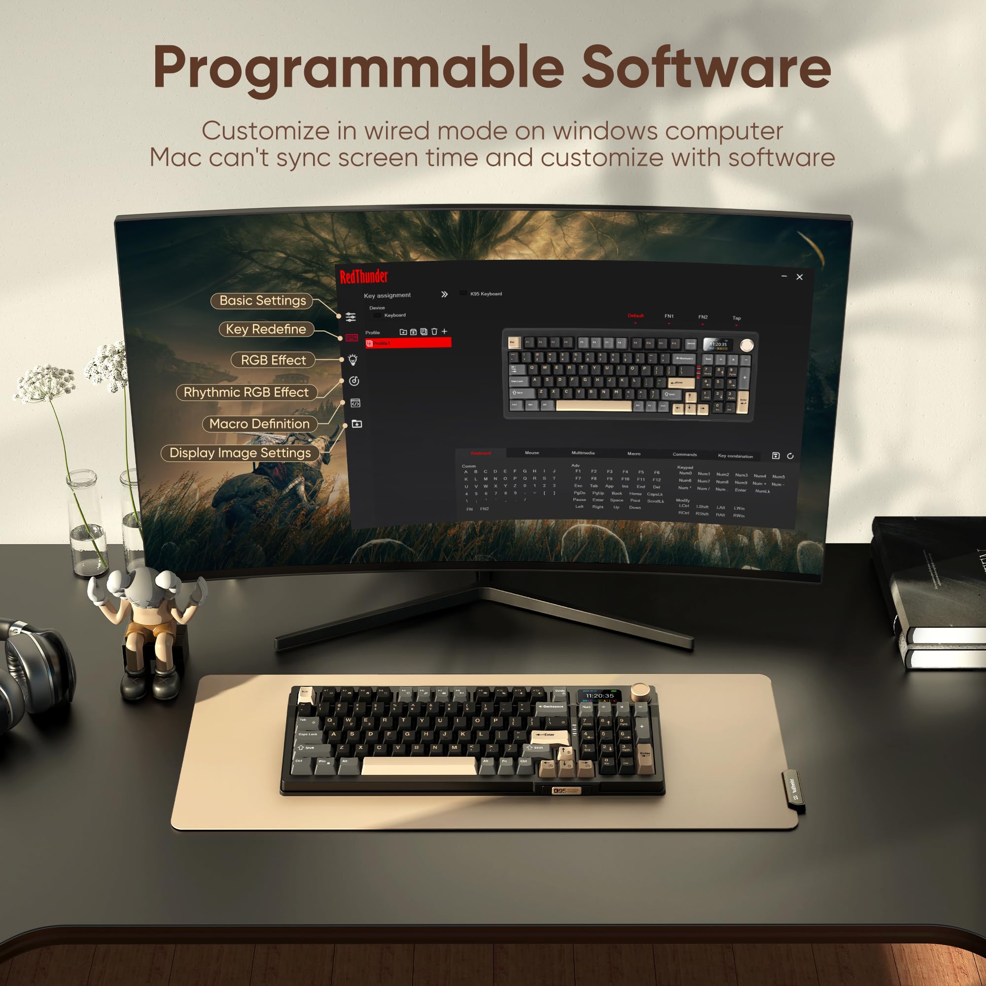 RedThunder K95 Wireless Mechanical Keyboard, TFT Screen & Knob, Tri-Mode BT5.0/2.4GHz/USB-C Hot Swappable Custom, Pre-lubed Linear Pink Switches, Gasket Structure, RGB Gaming Keyboard, Black-Gold