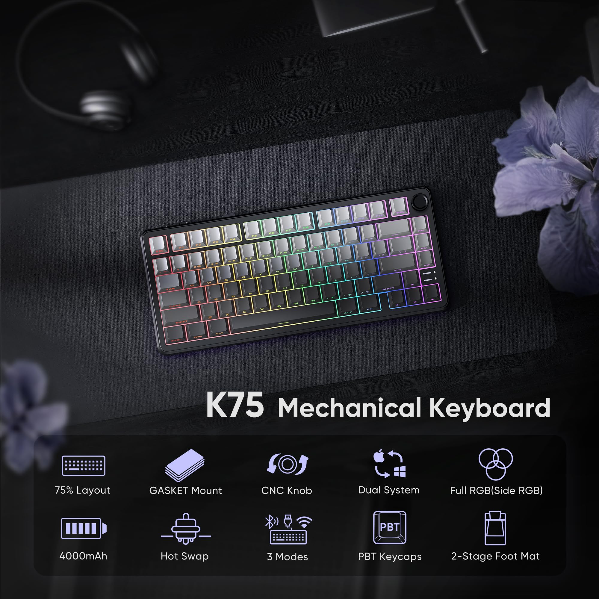Teclado Mecánico Inalámbrico para Juegos K75 75% Hot Swappable