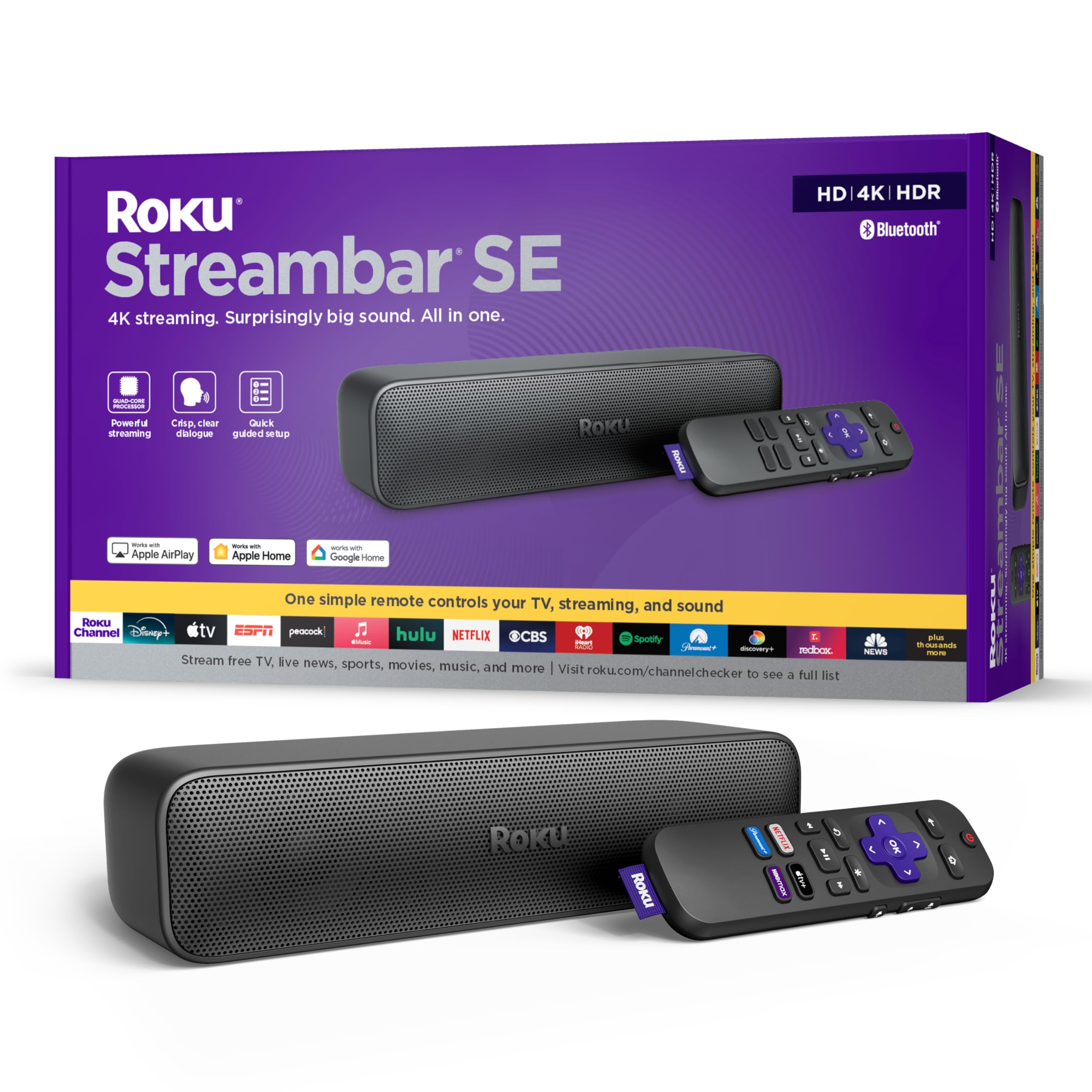 Roku Streambar SE | 2-in-1 TV Soundbar with Built-in 4K/HD/HDR Streaming, Premium Speakers, & Enhanced Speech Clarity for Crisp, Clear Dialogue - Quick Guided Simple Setup