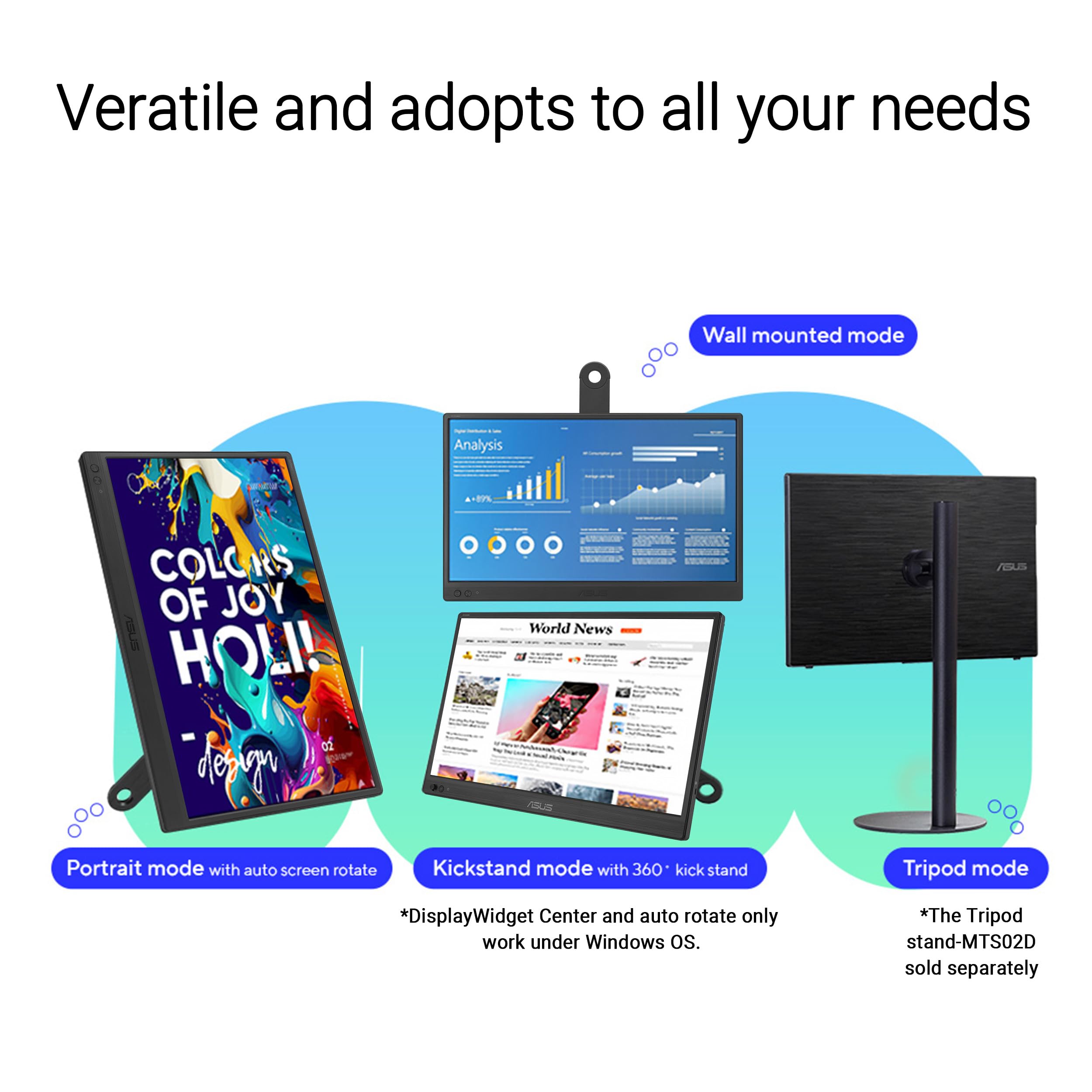 ASUS ZenScreen 16” Portable USB Monitor (MB169CK) - Full HD, IPS, Dual USB-C, Mini-HDMI, Eye Care, Flicker Free, Blue Light Filter, Anti-Glare Surface, 360° Kickstand, 3 yr Warranty