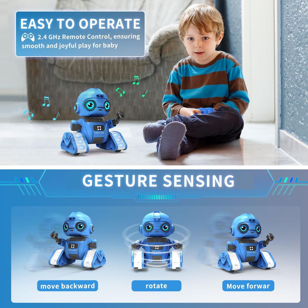Dzxlin Robot Toys for Boys and Girls, Rechargeable Remote Control Robot with Auto-Demonstration, Light Projection, Dance Moves, Music, and Gesture Sensing –Toy Robot Gifts for 6+ Year Old Boys (Blue)