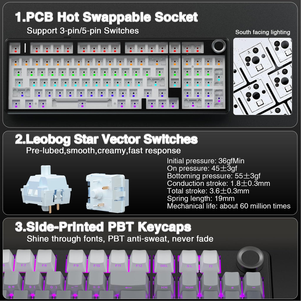 Teclado Mecánico Inalámbrico F99 Pro Intercambiable en Caliente Tri-Modo