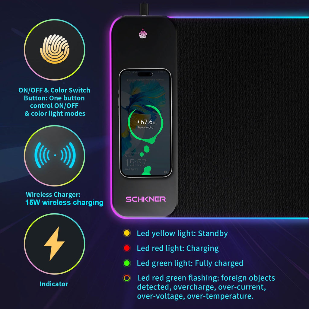 RGB-коврик для мыши Schkner с беспроводной зарядкой 15 Вт, большой настольный коврик 800x300x4 мм, 10 режимов подсветки, с нескользящей резиновой основой, водонепроницаемый коврик для игровой ПК-мыши MacBook, ноутбука