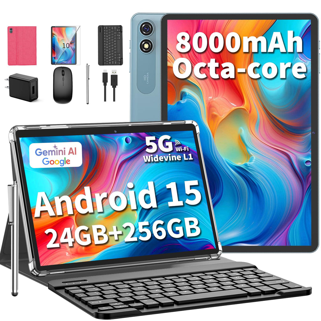 10 inch Android 15 Tablet, 2026 Tablet with Keyboard, 24GB+256GB+2TB Expand, 2 in 1 Tablets with Gemini AI, Octa-Core, 8000mAh, 5G WiFi, Widevine L1, GMS, Tablets PC with Case, Mouse, Stylus (Pink)