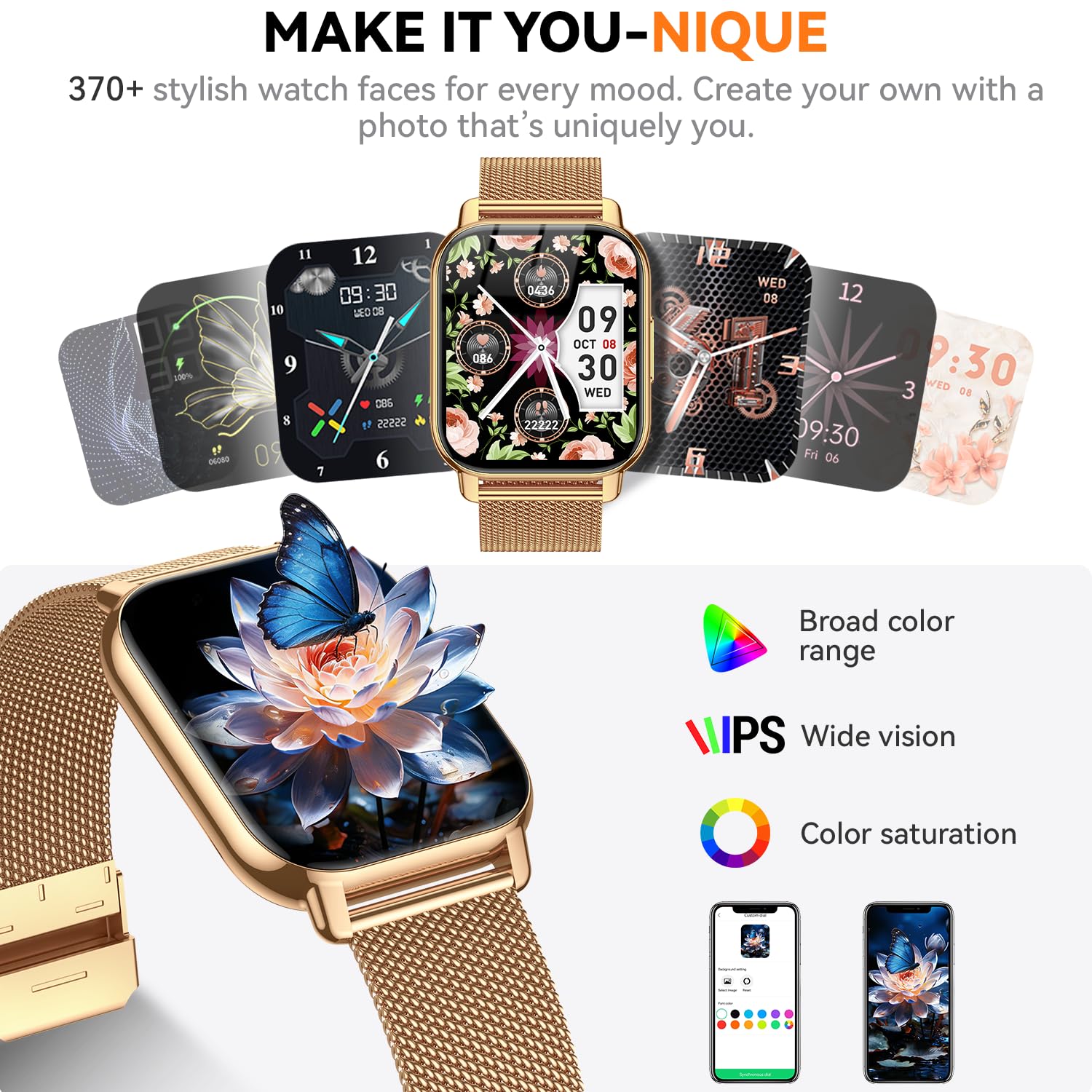 Smart Watch for Women(3 Bands), Smartwatch Fitness Tracker with Bluetooth Calls & AI Voice Control, 1.85’’ HD Screen, Heart Rate/SpO2 Monitor, Sleep Tracker, Compatible with Android iOS (Gold)