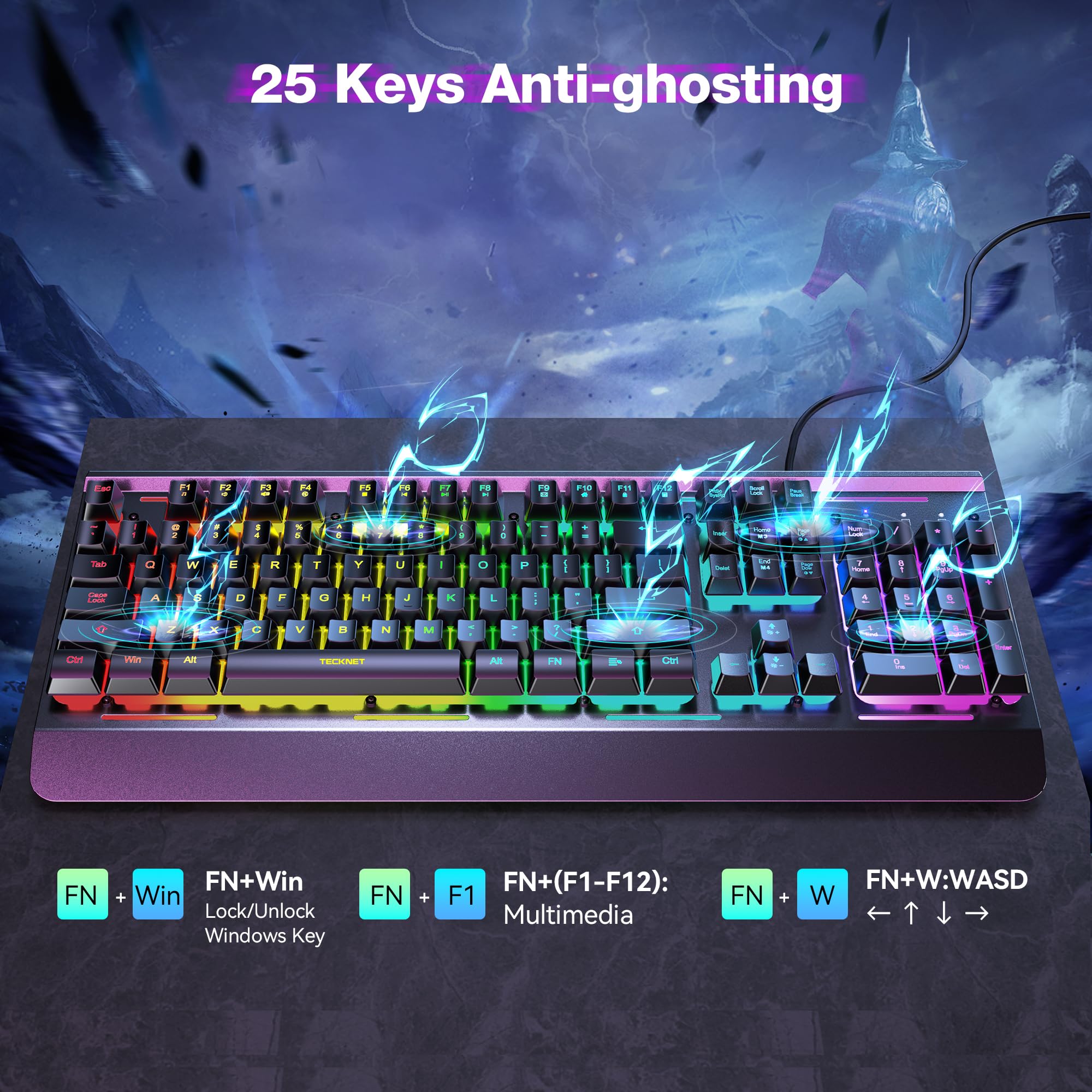 TECKNET Gaming Keyboard, USB Wired Computer Keyboard, 15-Zone RGB Illumination, IP32 Water Resistance, 25 Anti-ghosting Keys, All-Metal Panel (Whisper Quiet Gaming Switch)