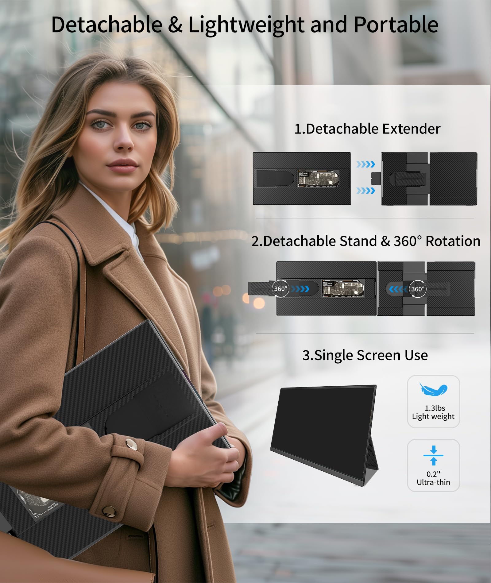 Cevaton Laptop Screen Extender - 15.6" FHD 1080P Portable Monitor for Laptop, Detachable & Plug and Play Dual Monitor Extender for 13"-17.3" Laptops, Compatible with Wins/Mac/Android/Chrome