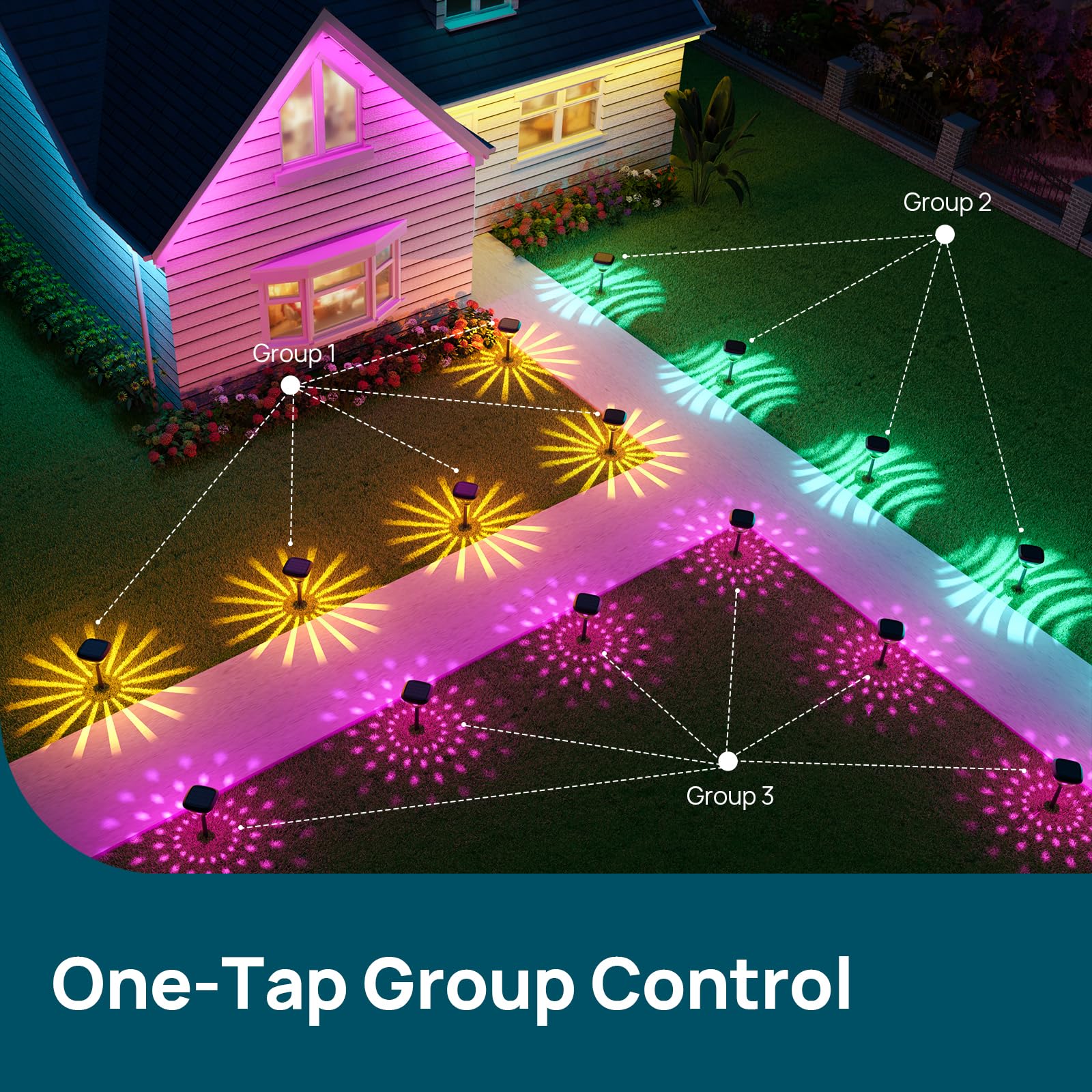 Linkind Smart Solar Pathway Lights SP6, in-App Pattern Switching Solar Lights Outdoor, USB&Solar Charging, Cool/Warm White/Color-Changing Landscape Lighting for Yard, Patio, 4 Pack