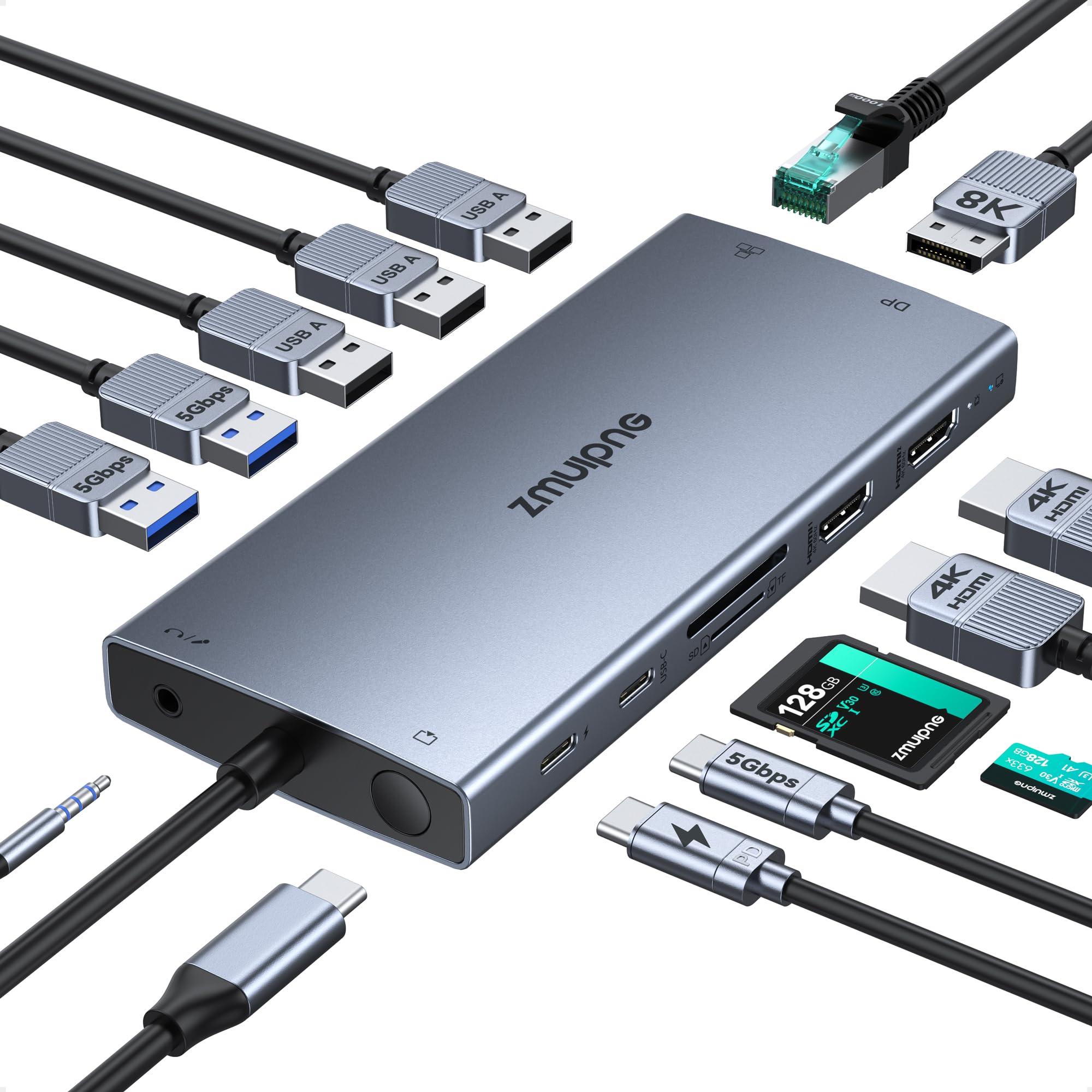 USB C Laptop Docking Station with 2 HDMI 4K@60Hz+DP 8K@30Hz for Dell HP 15 in 1 USB C Hub Triple Display Multiple Adapter Dongle with USB A Port+Button+PD+Ethernet+SD/TF+Audio for Thinkpad Surface