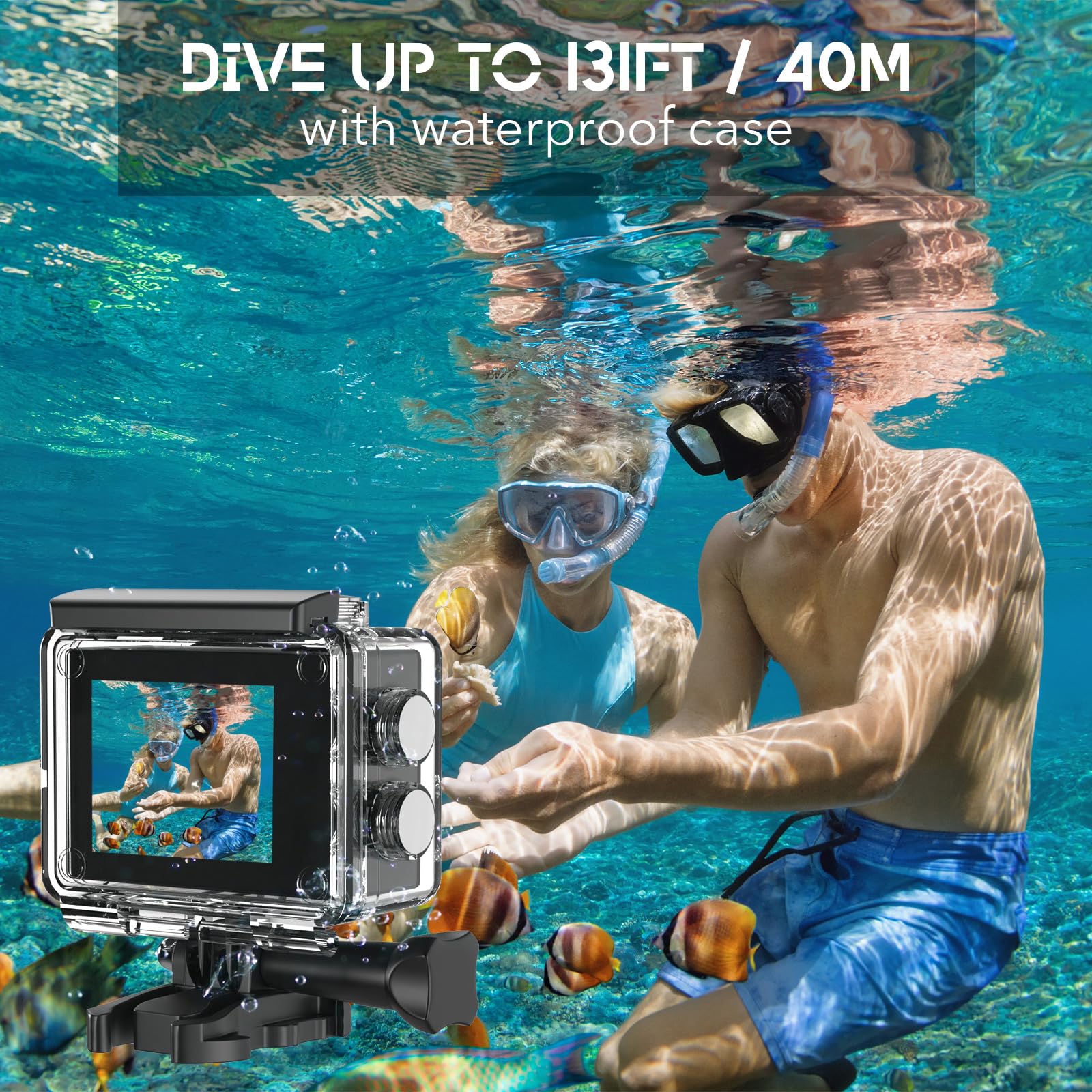 Action Camera 5K 30FPS Waterproof Camera Underwater 131FT with EIS WiFi App Remote Control 64GB Card 170° Wide Angle Sports Helmet Bike Video Black