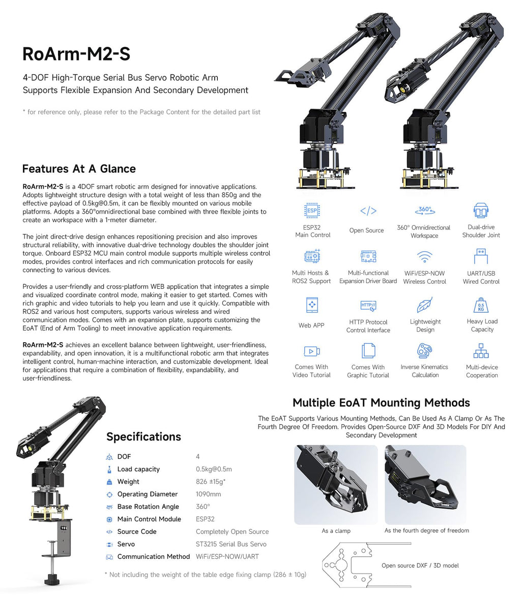 Desktop Robotic Arm Kit with ESP32, 4-DOF, High-Torque Servo