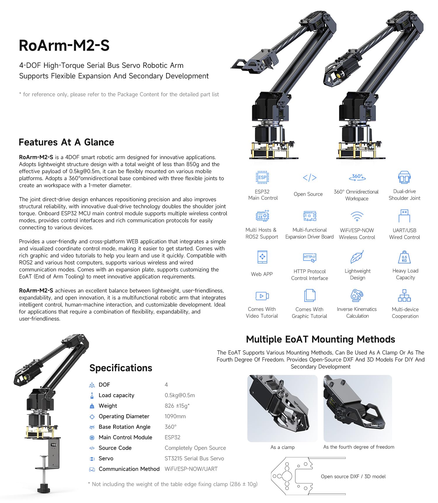 Desktop Robotic Arm Kit with ESP32, 4-DOF, High-Torque Servo
