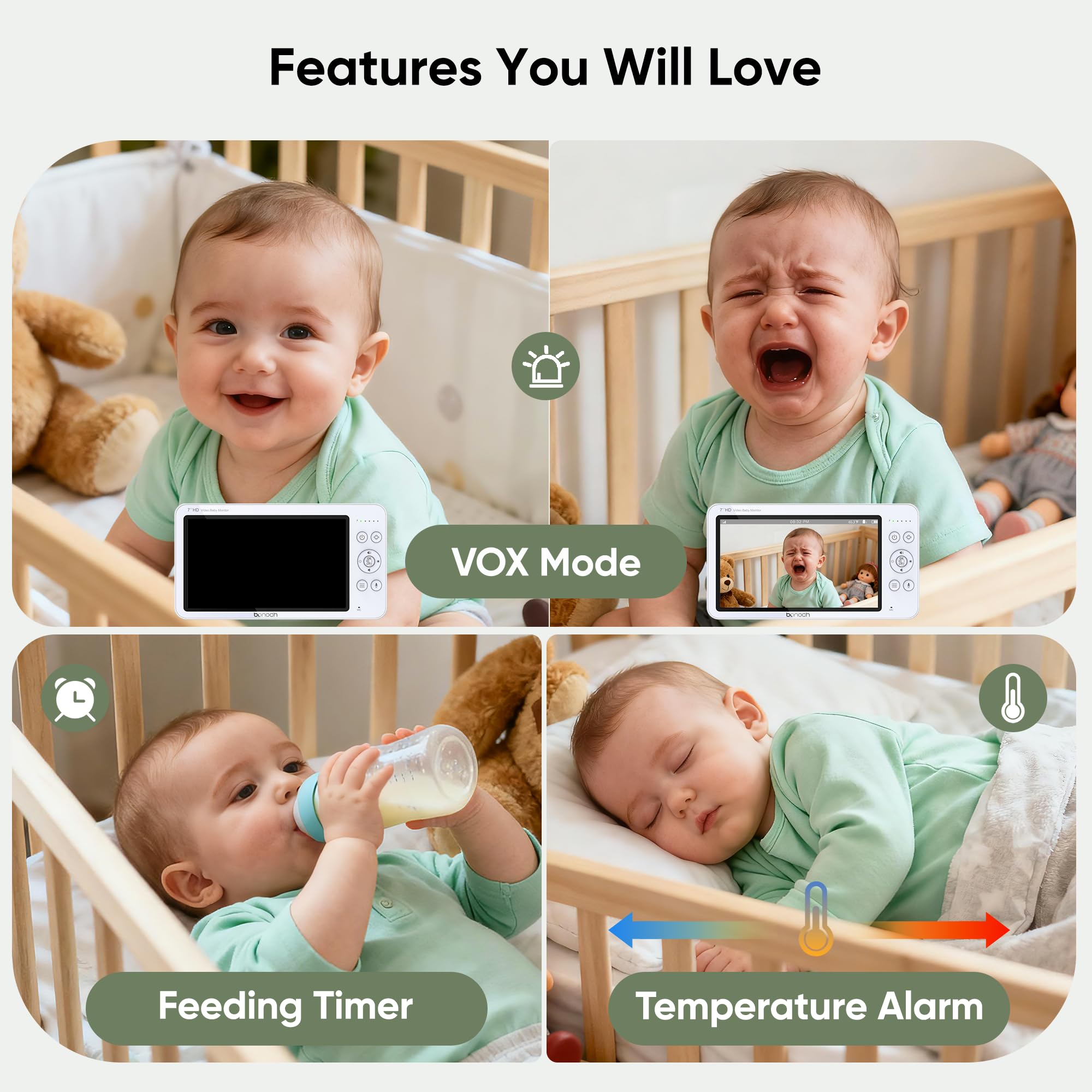 bonoch 7" Baby Monitor No WiFi, Upgraded 1080P HD MegaView Video Monitor with Camera and Audio, 6000mAh Battery, VOX Mode, Night Vision, Hack Proof, Remote PTZ, White Noise, Gifts for Parents