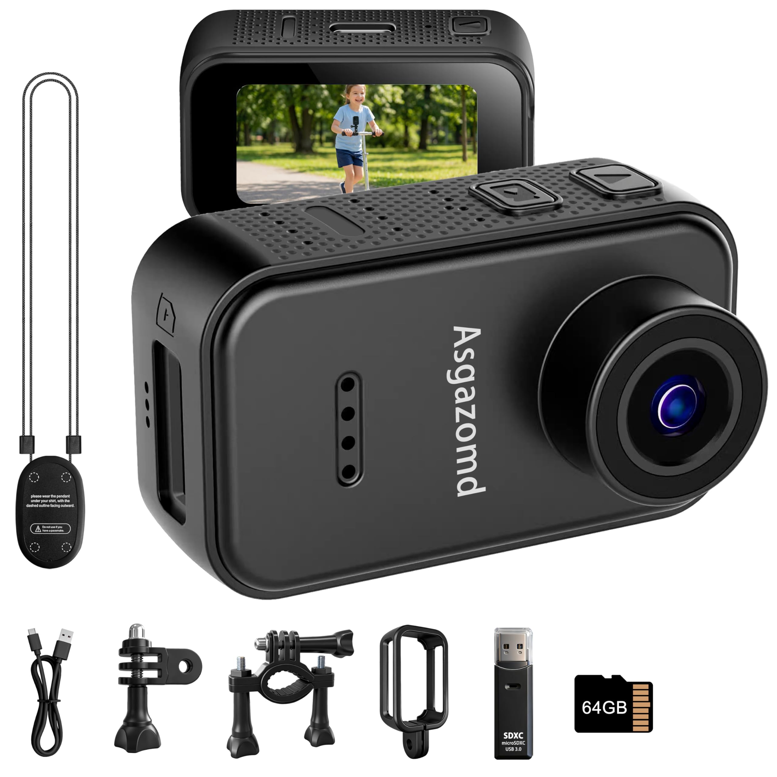 Asgazomd Thumb Action Camera,Sports Camera,Tiny Size,1080P, Hands Free POV Recording with Portable Camcorder Mount Anywhere for Pet Walking, Work, Cycling,Travel (Black, 64GB)