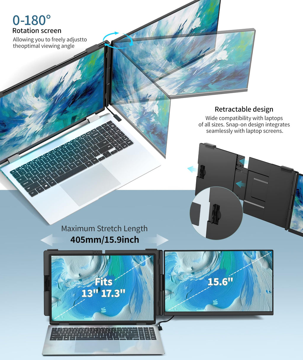Cevaton Laptop Screen Extender - 15.6" FHD 1080P Portable Monitor for Laptop, Detachable & Plug and Play Dual Monitor Extender for 13"-17.3" Laptops, Compatible with Wins/Mac/Android/Chrome