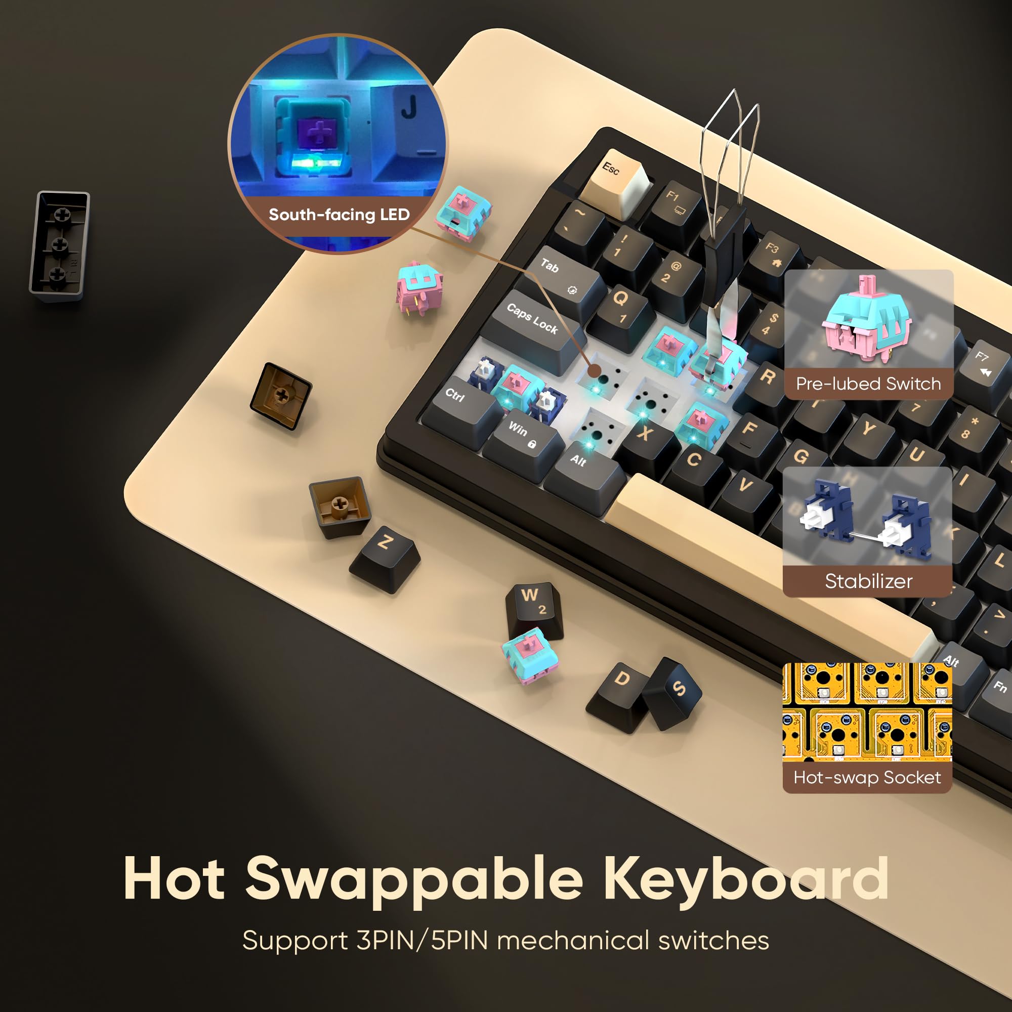 RedThunder K95 Wireless Mechanical Keyboard, TFT Screen & Knob, Tri-Mode BT5.0/2.4GHz/USB-C Hot Swappable Custom, Pre-lubed Linear Pink Switches, Gasket Structure, RGB Gaming Keyboard, Black-Gold