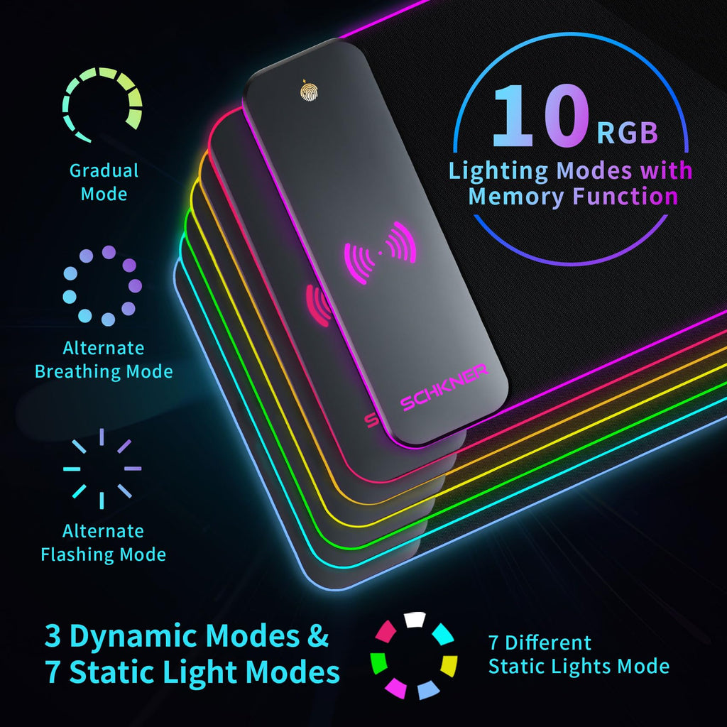 RGB-коврик для мыши Schkner с беспроводной зарядкой 15 Вт, большой настольный коврик 800x300x4 мм, 10 режимов подсветки, с нескользящей резиновой основой, водонепроницаемый коврик для игровой ПК-мыши MacBook, ноутбука
