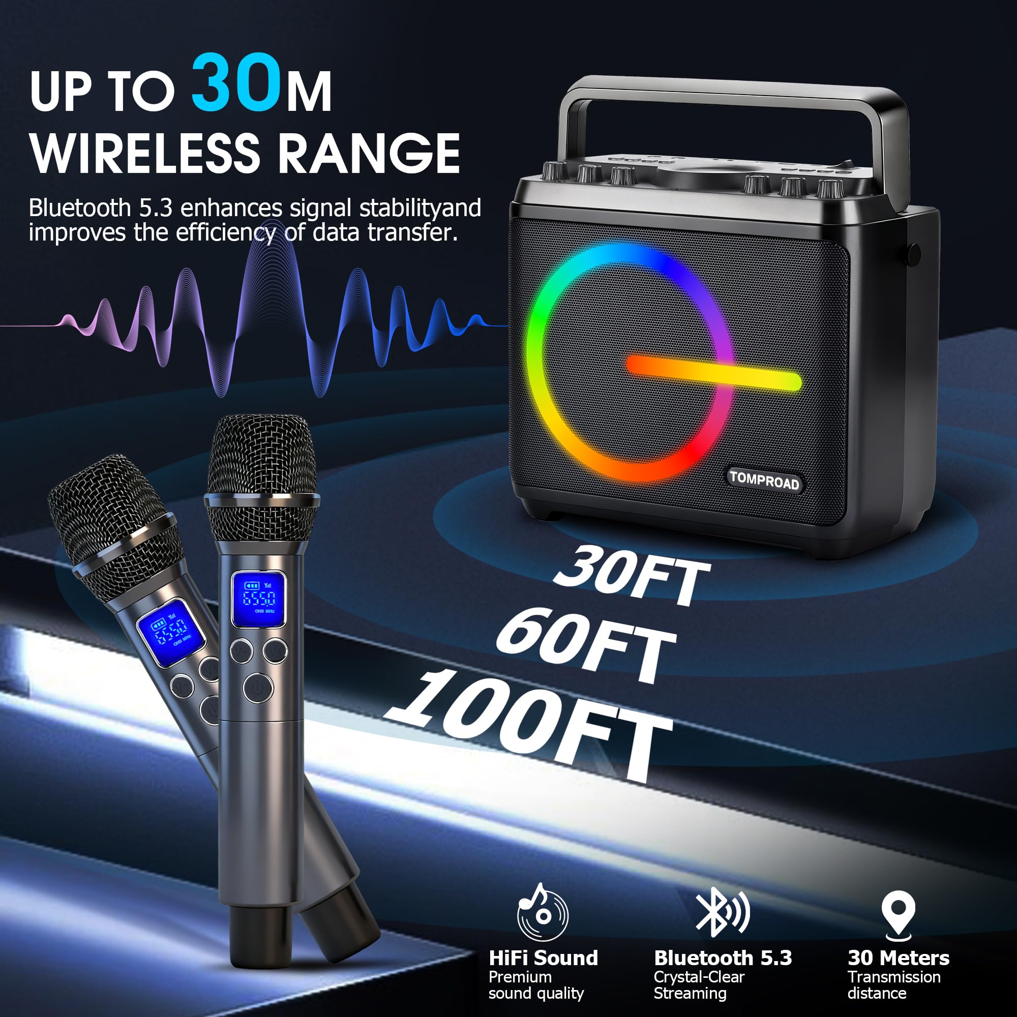 Karaoke Machine with Wireless Microphones, 6.5" Woofer A55