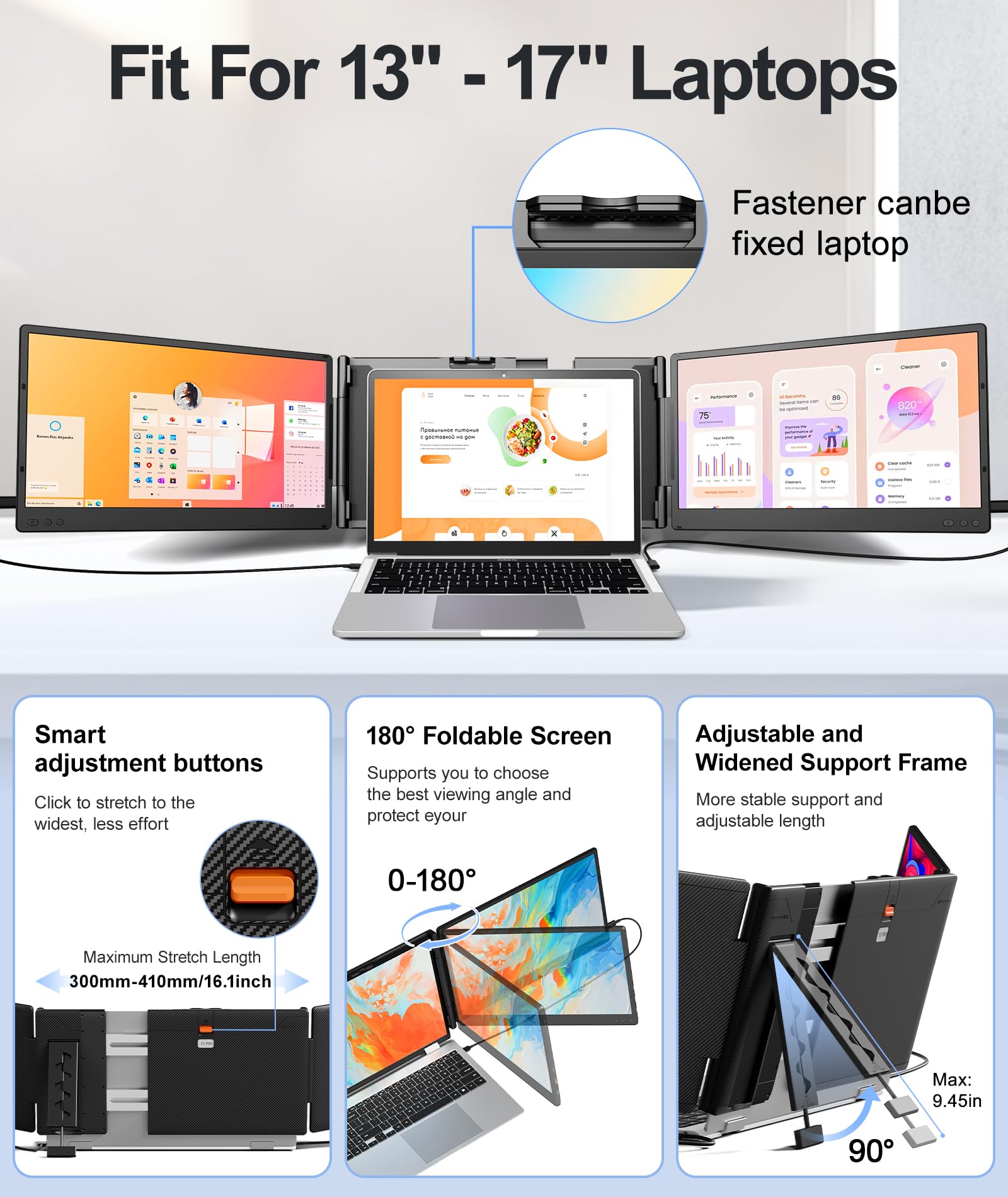Wixzet Laptop Screen Extender, 14" FHD 1080P Portable Laptop Monitor, Plug and Play Triple Screen Extender, Auto-Adjust Width Dual Monitor for 13–17" Laptops, Compatible with macOS, Wins, Chrome, Dex
