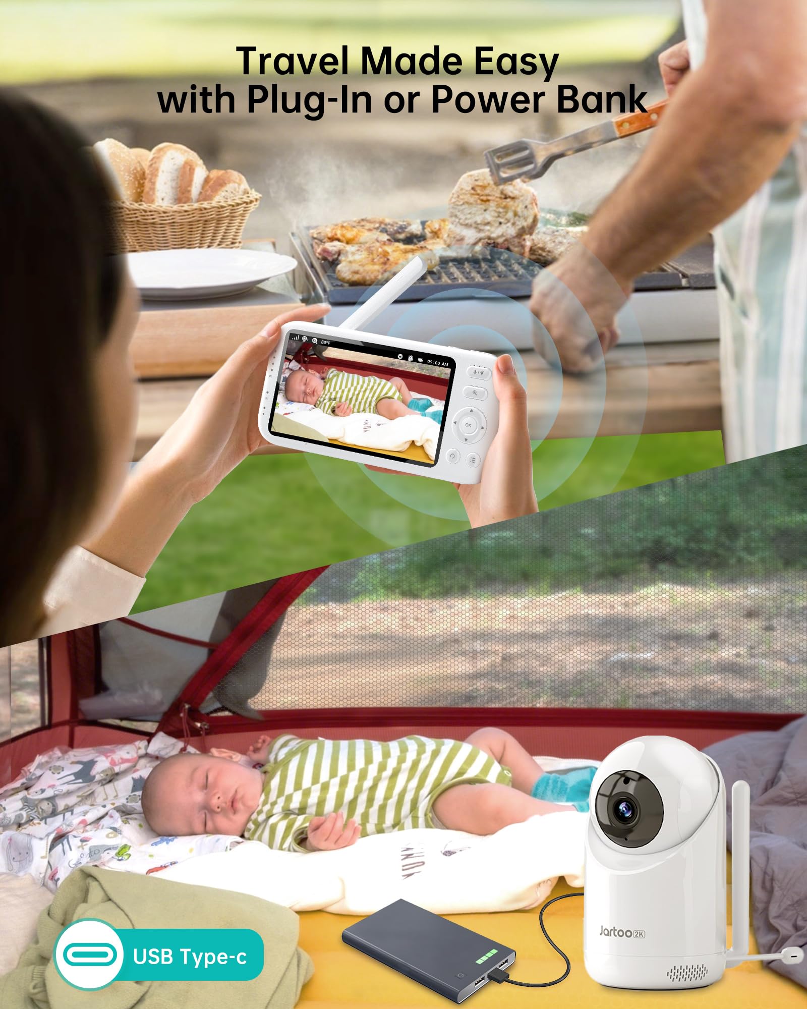 Jartoo 2K 5.5" Video Baby Monitor with Camera and Audio,AI Cry Detect 1860ft Long Range Baby Monitor No WiFi Baby Camera Wireless,Clear Night Vision,ANC, 2-Way Talk,White Noise,6000mAh [2025 New]