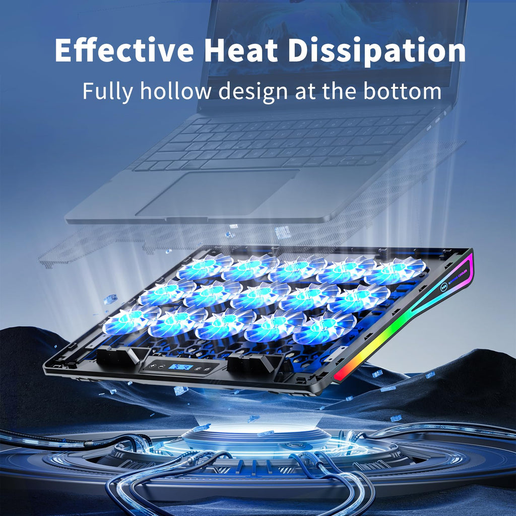 Охлаждающая подставка для ноутбука KeiBn, охлаждающая подставка для игрового ноутбука с 15 бесшумными вентиляторами, RGB-охладитель для ноутбука 10-17,3 дюйма, 4 уровня высоты, 2 порта USB — синий