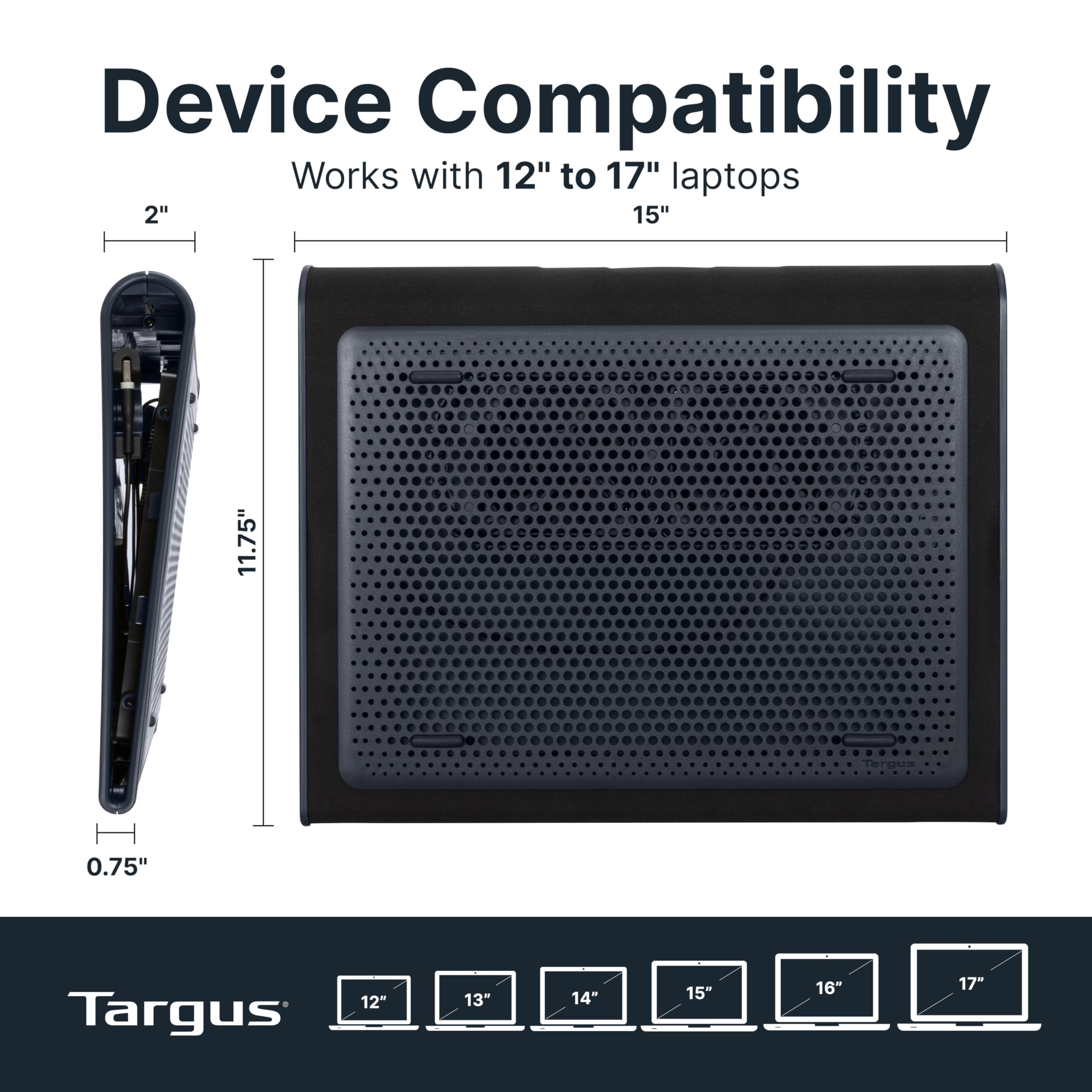 Targus 17 Inch Dual Fan Lap Chill Mat - Soft Neoprene Laptop Cooling Pad for Heat Protection, Fits Most 17" Laptops and Smaller - USB-A Connected Dual Fans for Heat Dispersion (AWE55US)