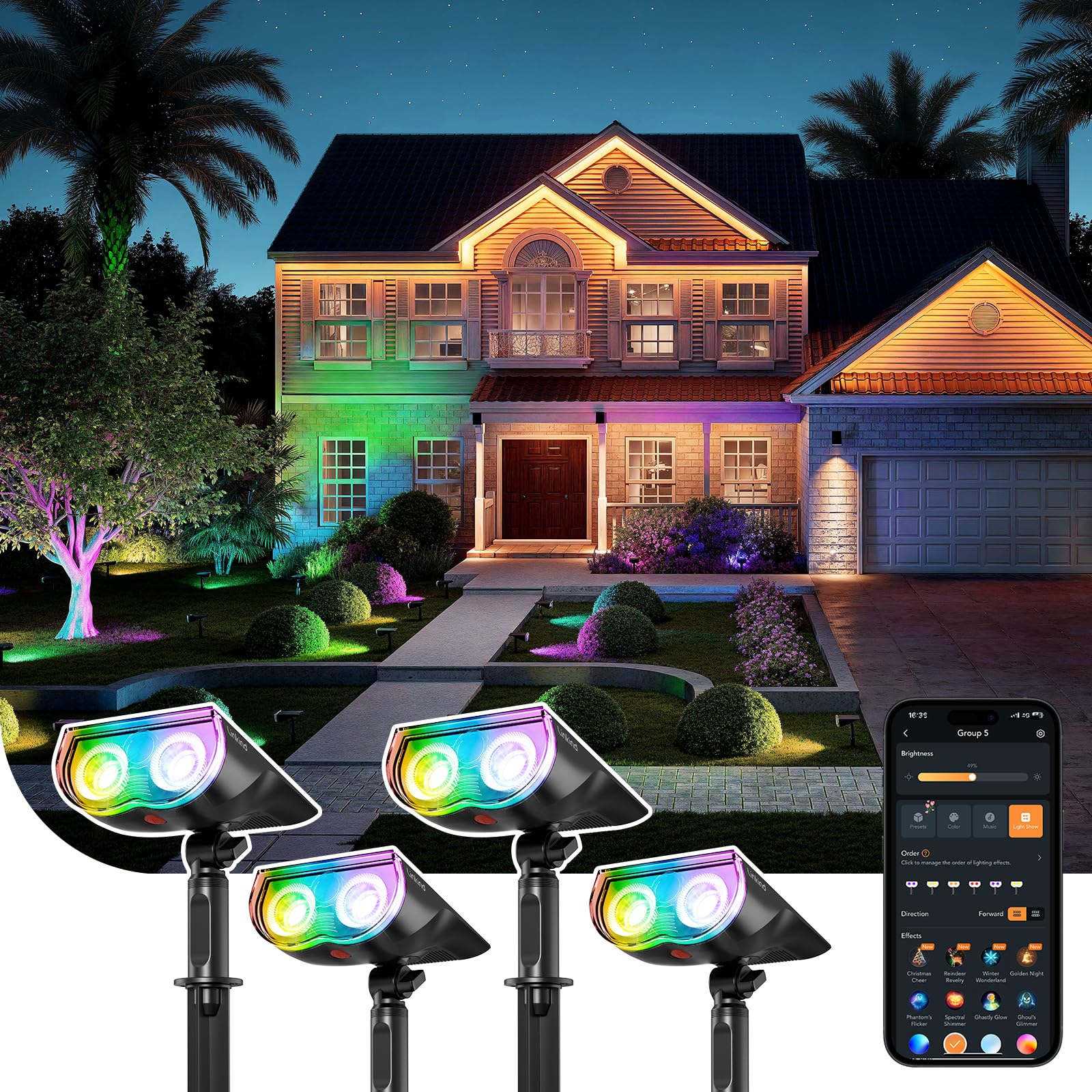 Linkind Smart Solar Spot Lights Outdoor SL5C, Solar Lights Outdoor Spotlight Cool/Warm White/Color Changing, APP/Voice Control IP67 Landscape Lighting for Yard, Garden, Pathway(4 Pack)