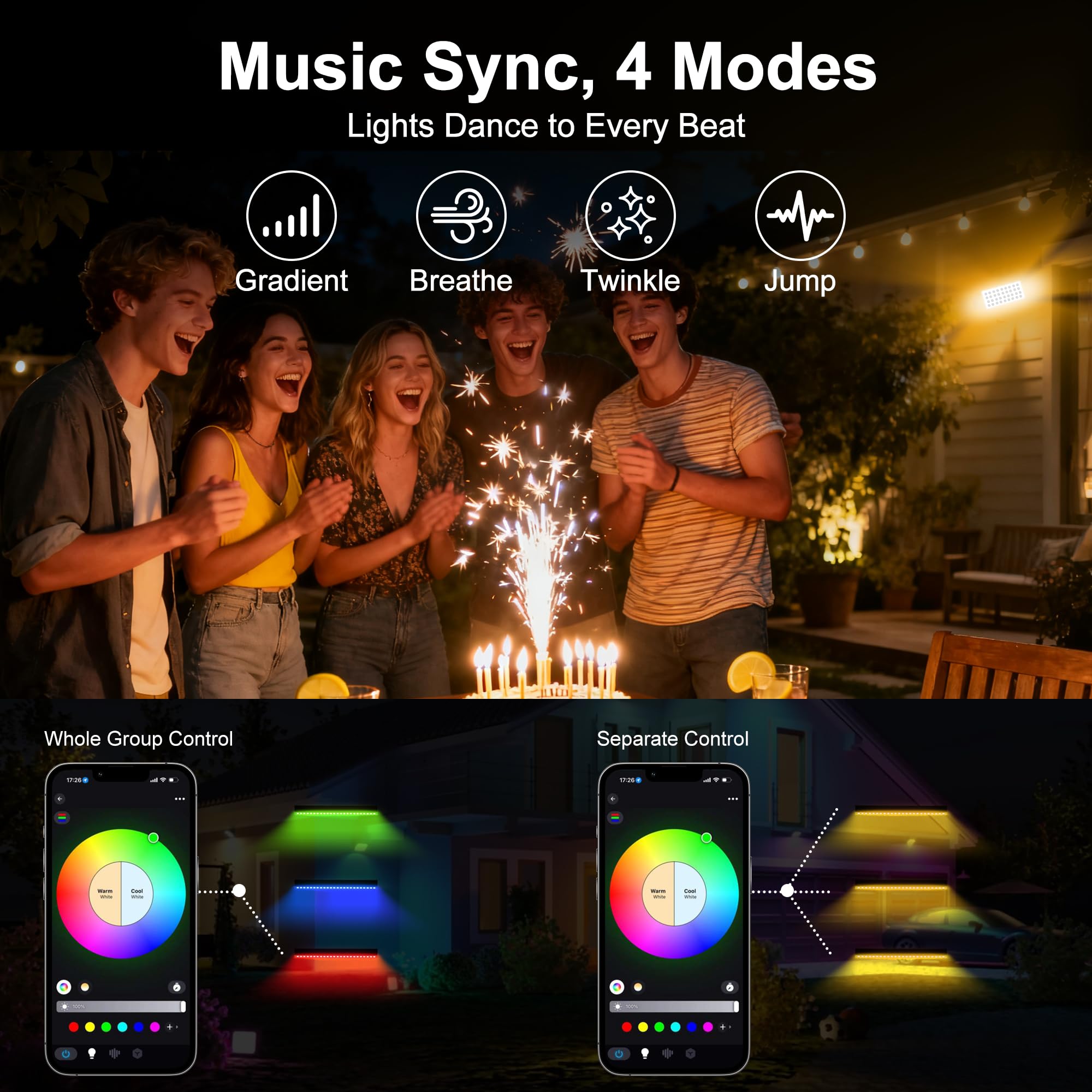 Yasotek Smart RGBCW Outdoor LED Flood Light 180W –Color Changing Wall Washer, 2700K–6500K Tunable White Dimmable, RGB Stage Light, Music Sync Spotlight for Yard, Garden, Holiday Party