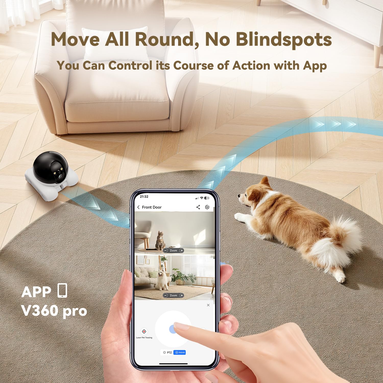 AEZ Robot Camera on Wheels 1080P Dual Lens,Indoor Movable Security Camera with 2-Way Talk,Blinky Bot with Night Vision,Distance Bot App Control for Cats/Dogs/Baby/Elderly (SD/Cloud Storage)