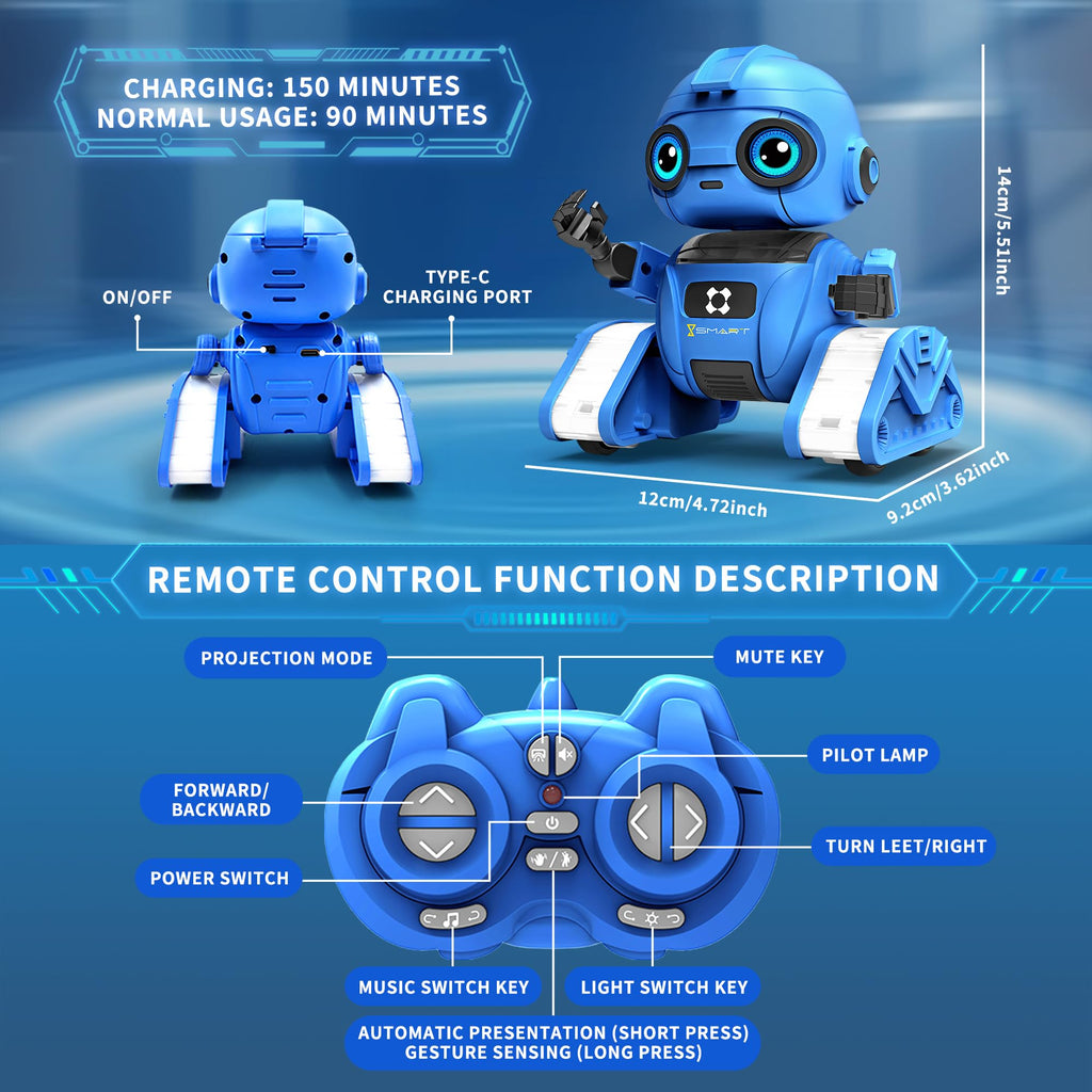 Dzxlin Robot Toys for Boys and Girls, Rechargeable Remote Control Robot with Auto-Demonstration, Light Projection, Dance Moves, Music, and Gesture Sensing –Toy Robot Gifts for 6+ Year Old Boys (Blue)