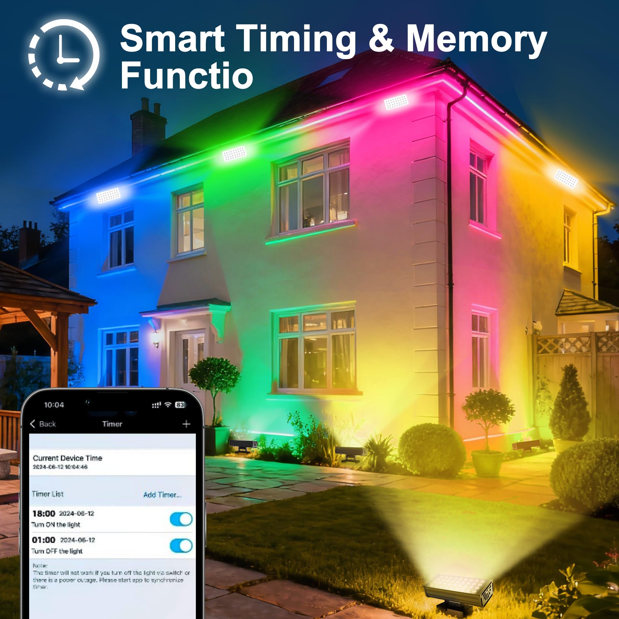 Yasotek Smart RGBCW Outdoor LED Flood Light 180W –Color Changing Wall Washer, 2700K–6500K Tunable White Dimmable, RGB Stage Light, Music Sync Spotlight for Yard, Garden, Holiday Party