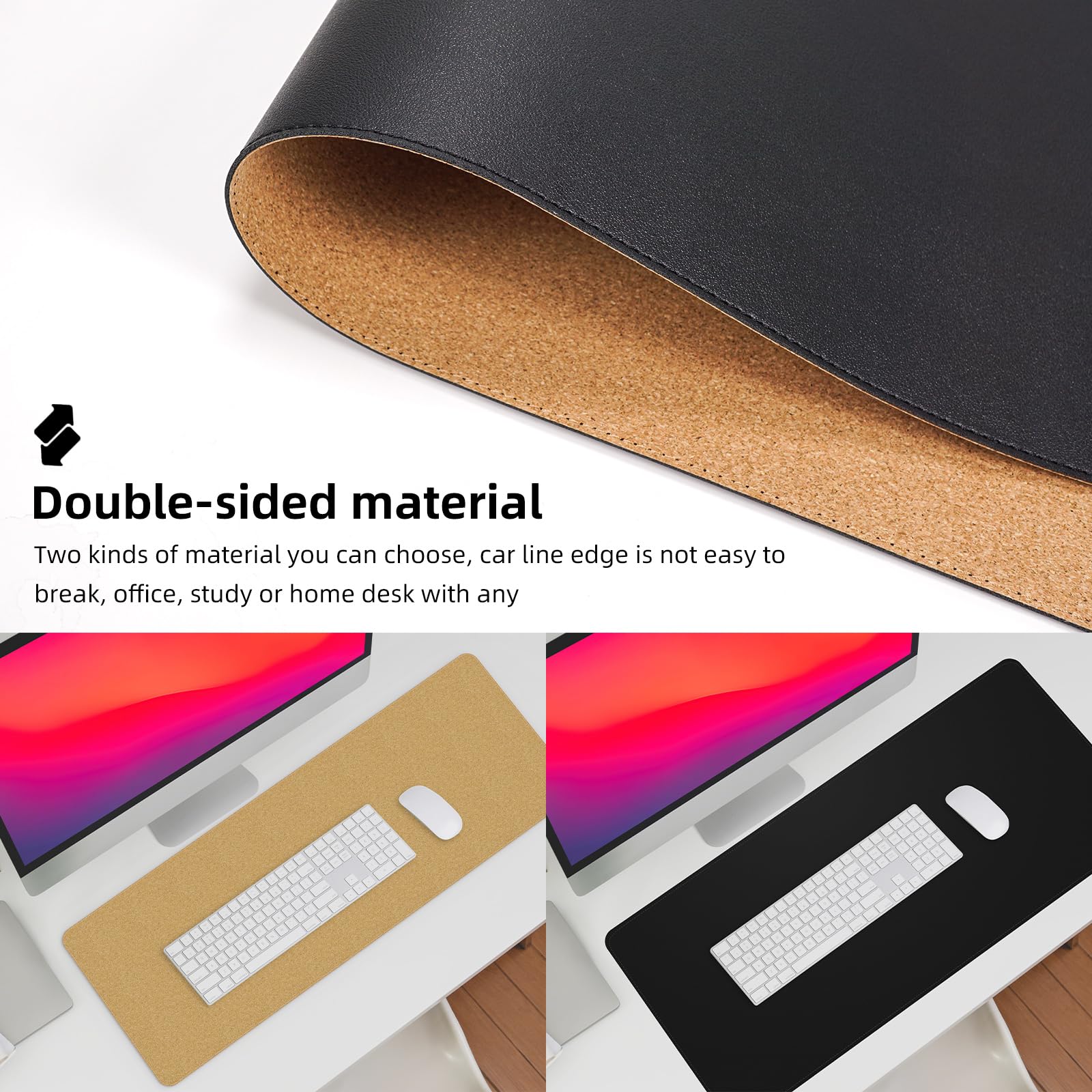 Большой настольный коврик 120 х 43 см, кожаный настольный защитный коврик из натуральной пробки и полиуретана, нескользящий офисный коврик, большой коврик для мыши, водонепроницаемый настольный коврик-блоттер для офиса и дома (черный)