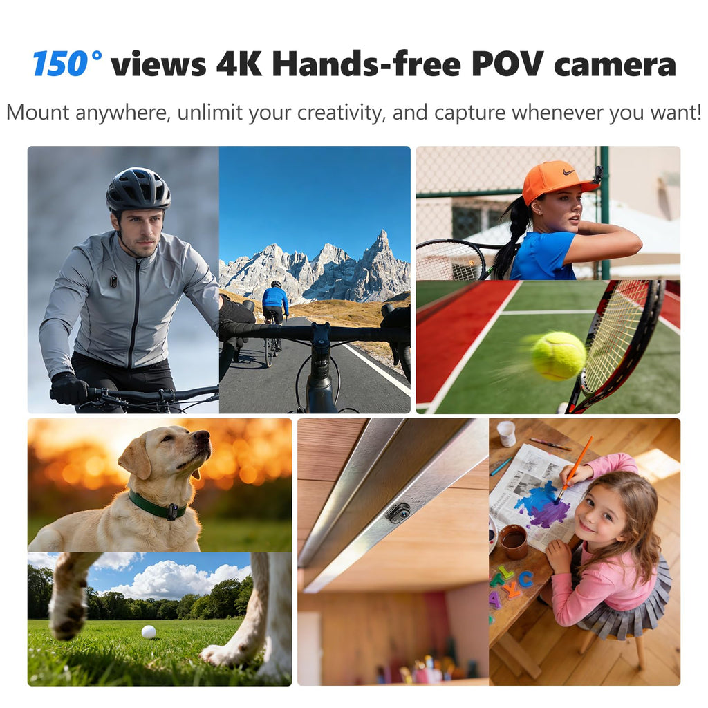 4K 30FPS Vlogging Camera, 64GB Hands-Free POV Camera, 98FT Waterproof Actioncamera with Case, Tiny Sport Cam 6-axis Stabilization, 150° Lightweight Thumb Bodycam 270min runtime, Mount Anywhere