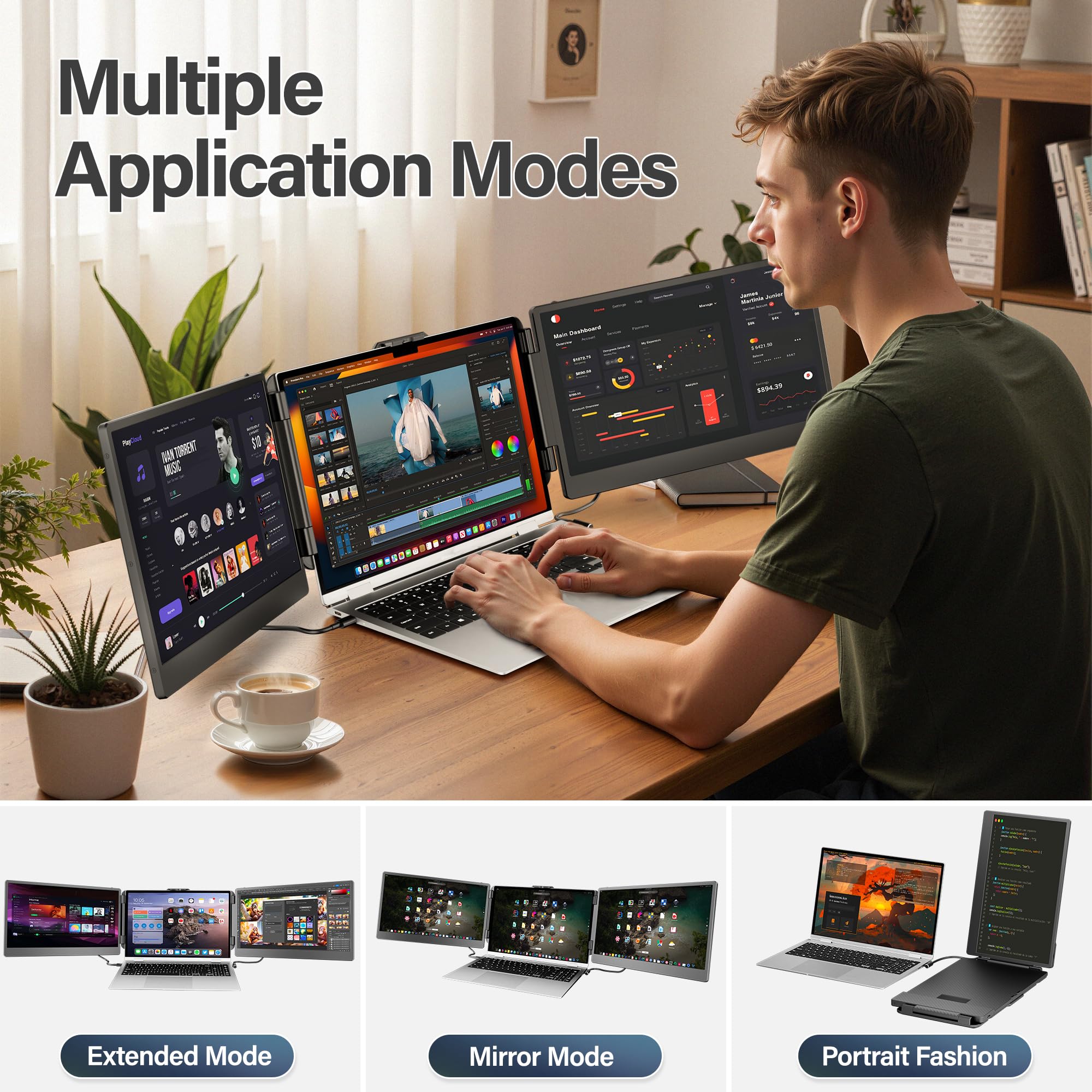 CIDETTY Laptop Screen Extender, 14'' FHD 1080P IPS Ultra-Thin Dual/Triple Monitor Display, HDMI/USB-C Plug-Play Portable Monitor for Laptop, Built-in Speakers(Mac, Win, Android)