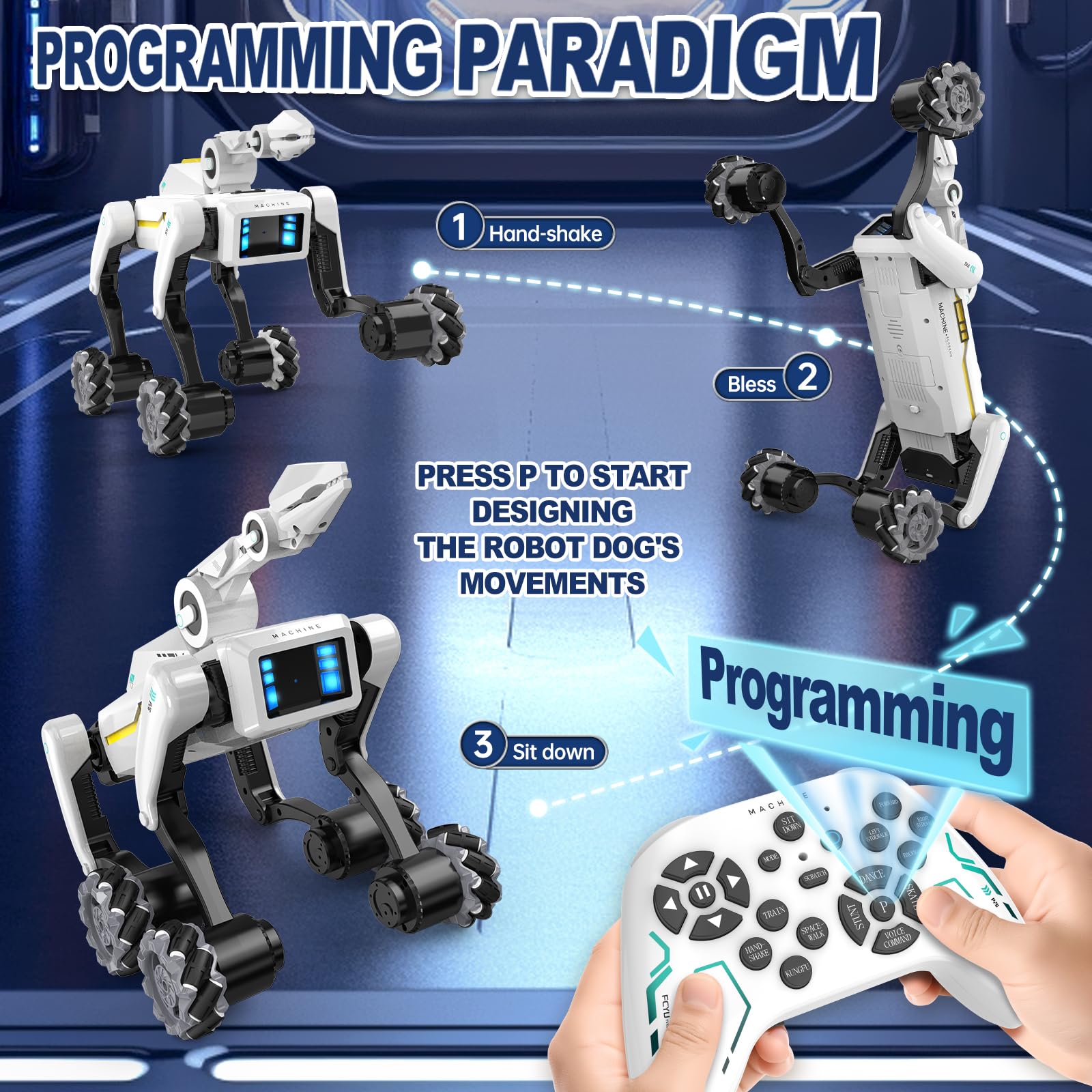 3 in 1 Robot Dog with Wheels Kit, 30+ Bionic Actions, Voice & Remote Control, Programmable Moves, Rechargeable Battery, All-Terrain Stunt Pet Toy for Kids(Removable Claw & Cannon)