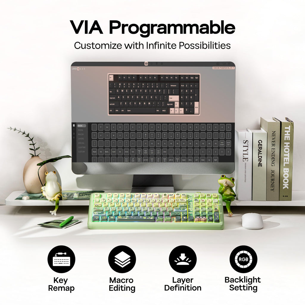 KiiBoom Phantom98 Lite 96% Wireless Mechanical Gaming Keyboard, VIA Programmable, Creamy Keyboard with Gasket, 8000mAh Battery, Hot Swap, RGB Backlits, NKRO for Win/Mac (Green, Mossy Silent Switch)