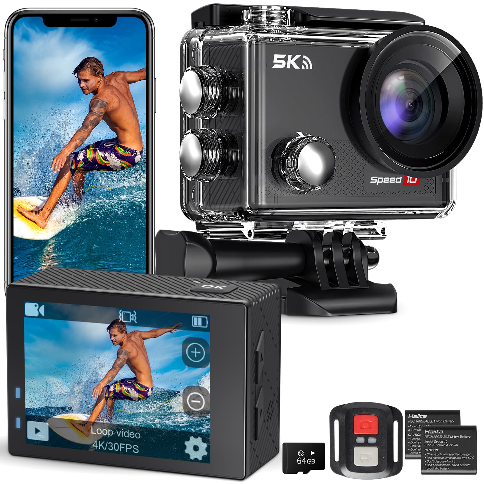 Action Camera 5K 30FPS Waterproof Camera Underwater 131FT with EIS WiFi App Remote Control 64GB Card 170° Wide Angle Sports Helmet Bike Video Black