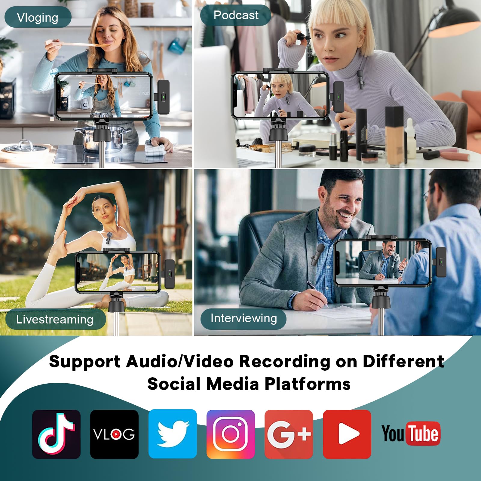 MAYBESTA Wireless Mini Microphone for iPhone, Android Phone - 2 Pack Lavalier Lapel Mic for Audio Video Recording - Clip on Content Creator Microphones for YouTube Tiktok Podcast Vlogging