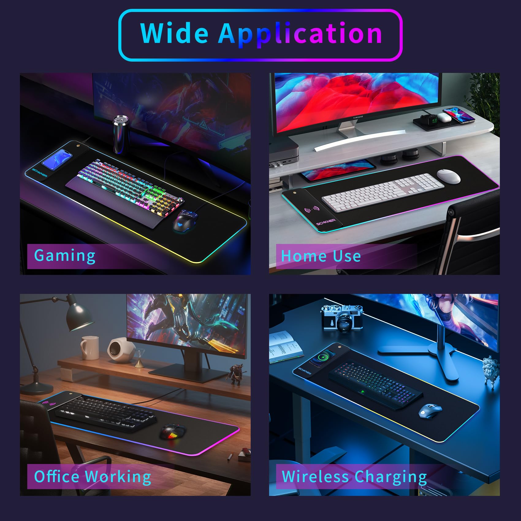 RGB-коврик для мыши Schkner с беспроводной зарядкой 15 Вт, большой настольный коврик 800x300x4 мм, 10 режимов подсветки, с нескользящей резиновой основой, водонепроницаемый коврик для игровой ПК-мыши MacBook, ноутбука