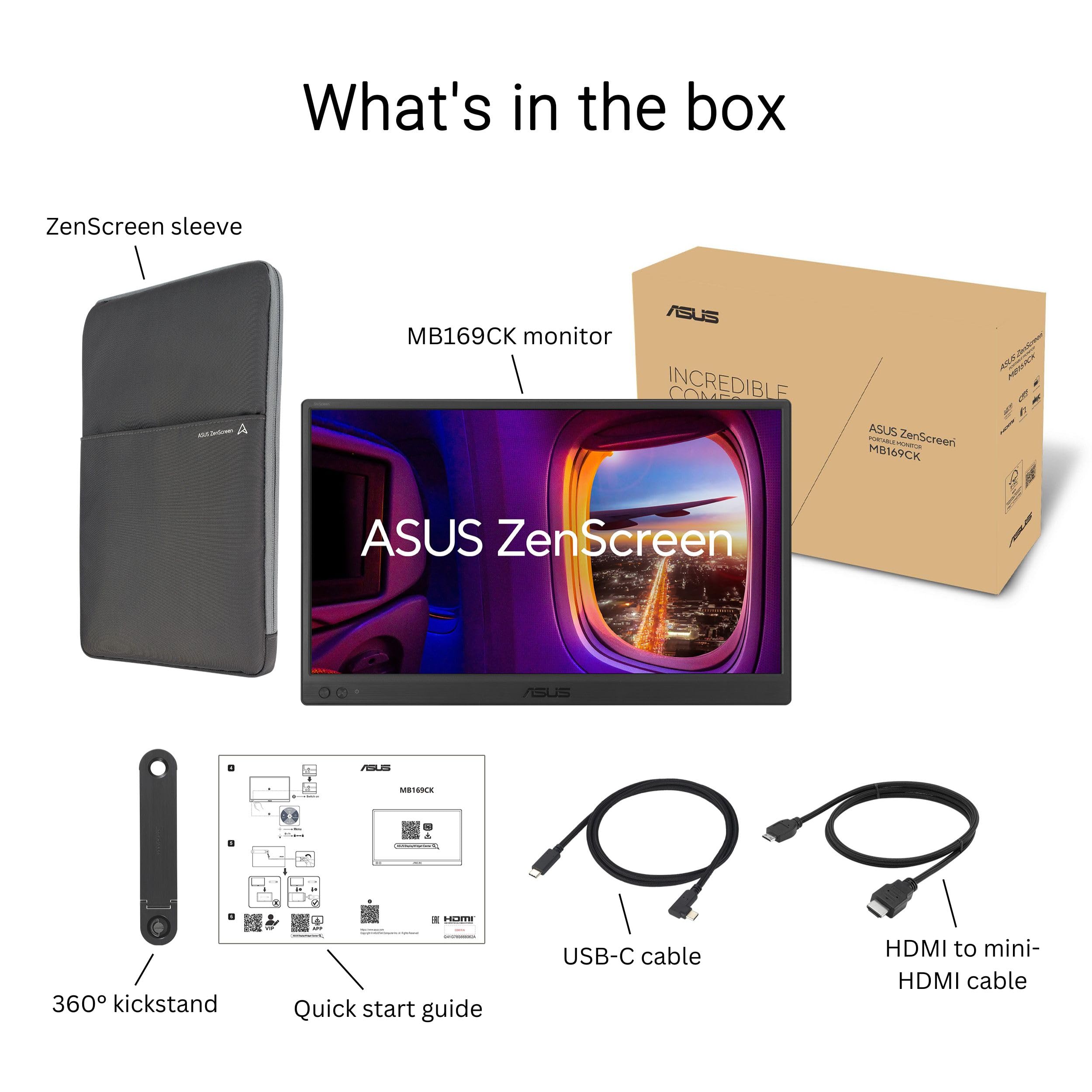 ASUS ZenScreen 16” Portable USB Monitor (MB169CK) - Full HD, IPS, Dual USB-C, Mini-HDMI, Eye Care, Flicker Free, Blue Light Filter, Anti-Glare Surface, 360° Kickstand, 3 yr Warranty